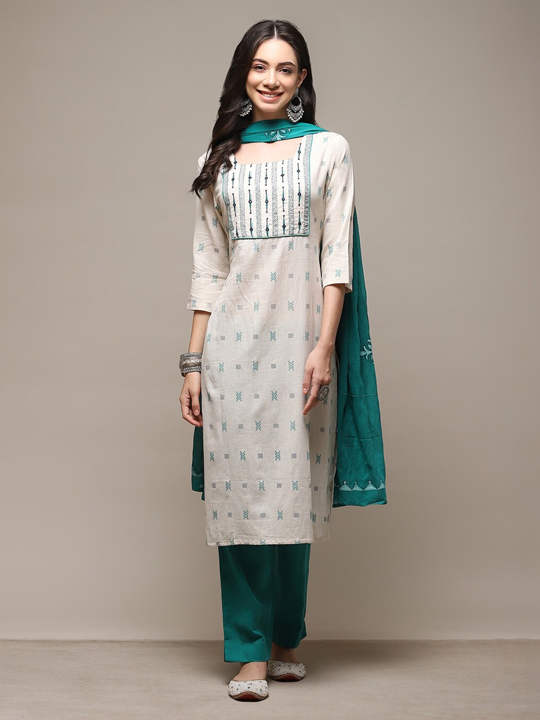 

Biba Ethnic Motifs Woven Design Dress Material, Off white