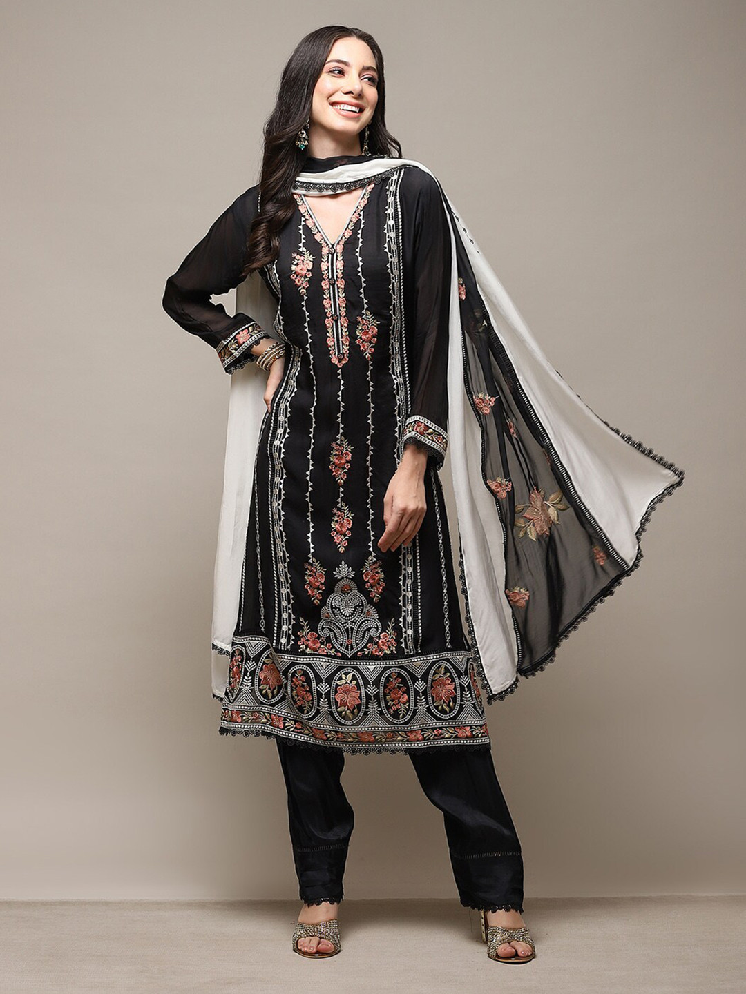 

Biba Floral Embroidered Organza Unstitched Dress Material, Black