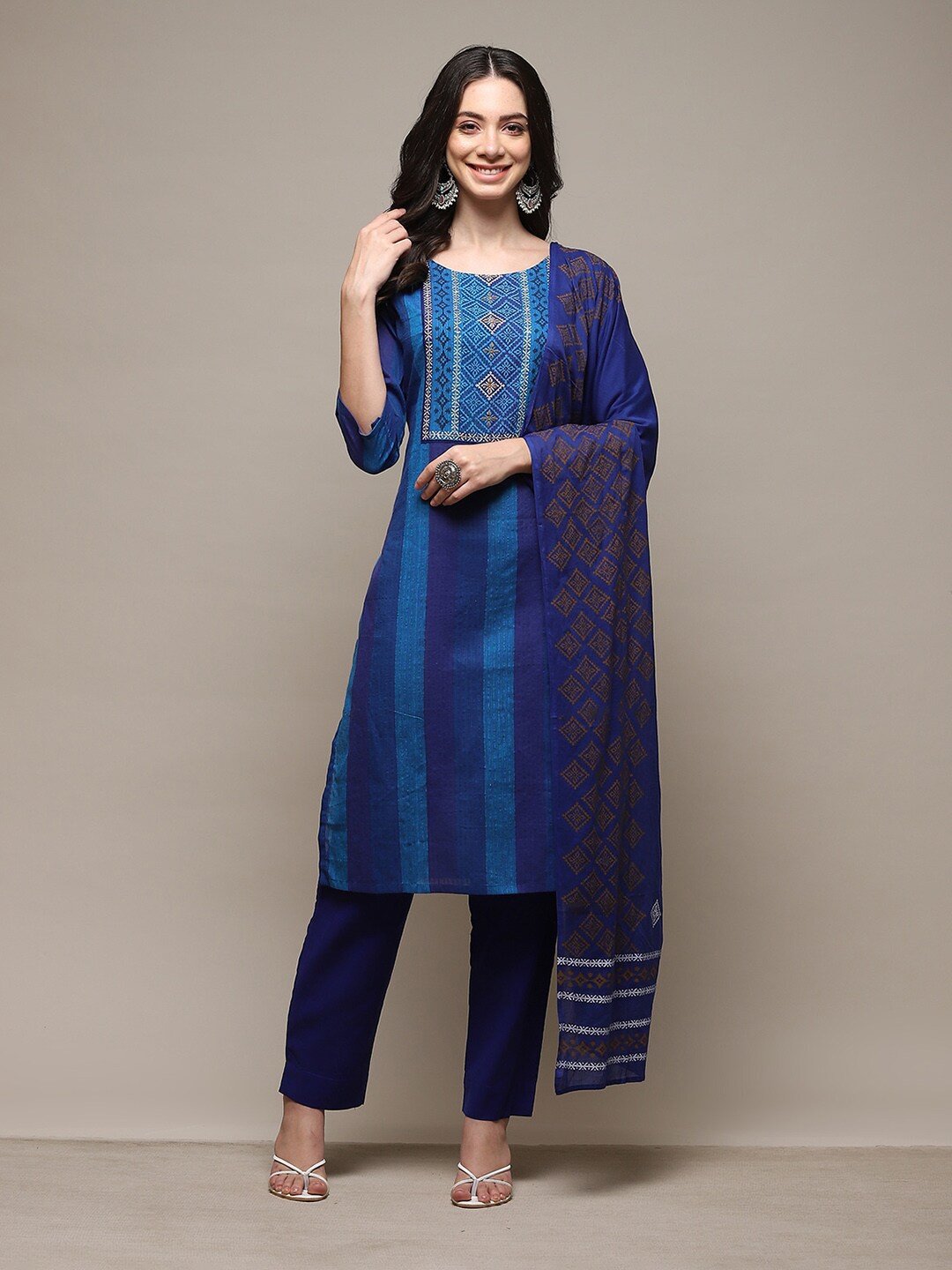 

Biba Ethnic Motifs Mirror Work Unstitched Dress Material, Blue