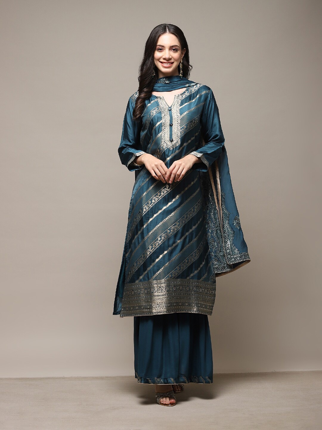 

Biba Ethnic Motifs Printed Zari Unstitched Dress Material, Navy blue