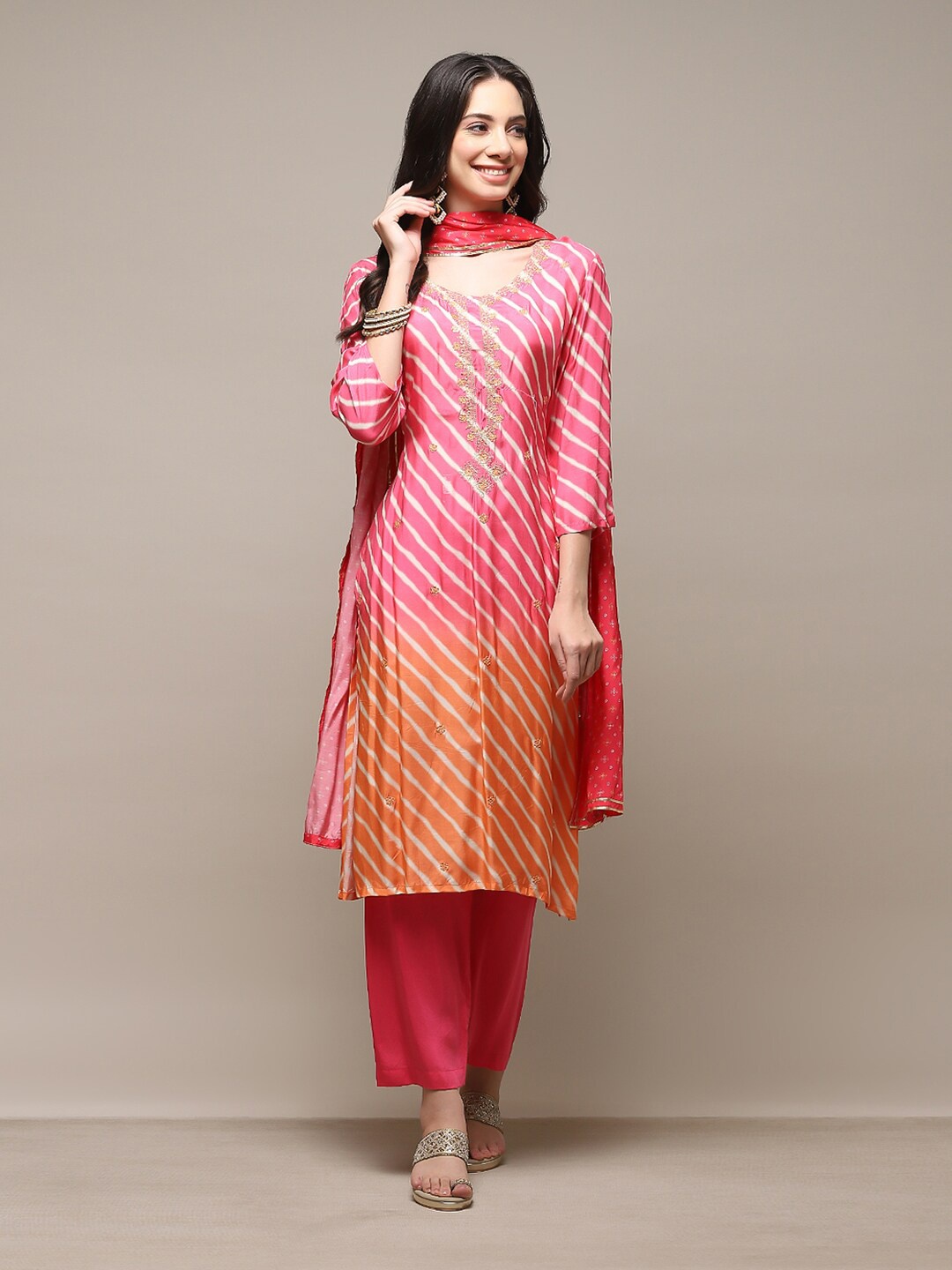 

Biba Leheriya Printed Unstitched Dress Material, Pink
