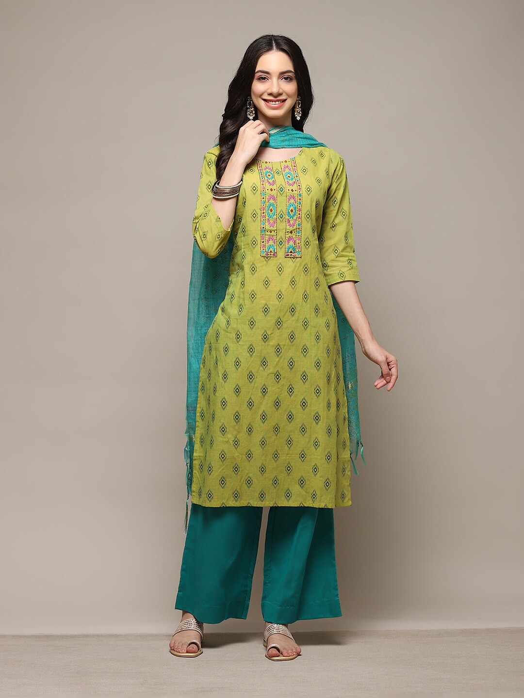 

Biba Ethnic Motifs Printed Unstitched Dress Material, Green