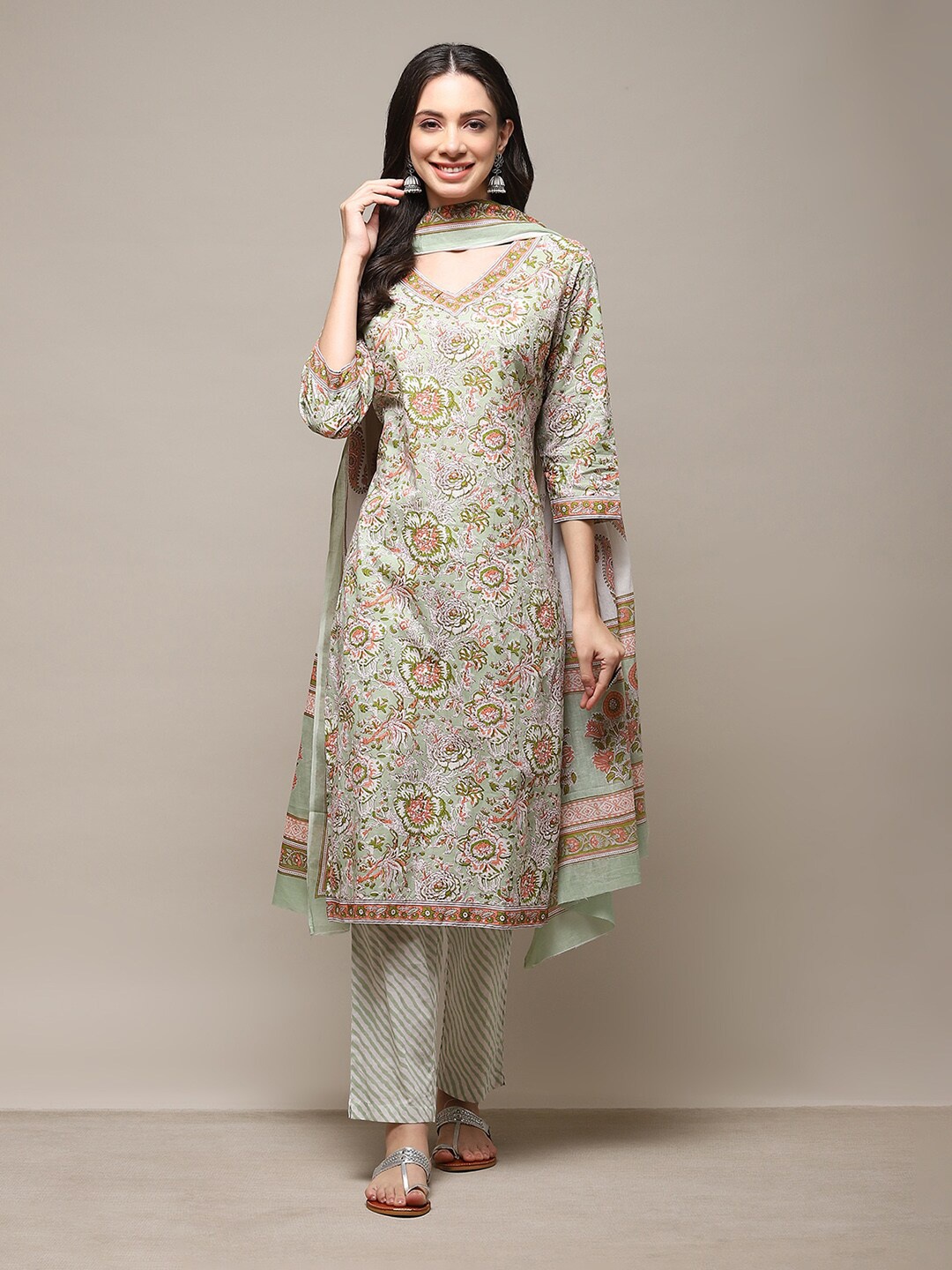 

Biba Ethnic Motif Printed Unstitched Dress Material, Green