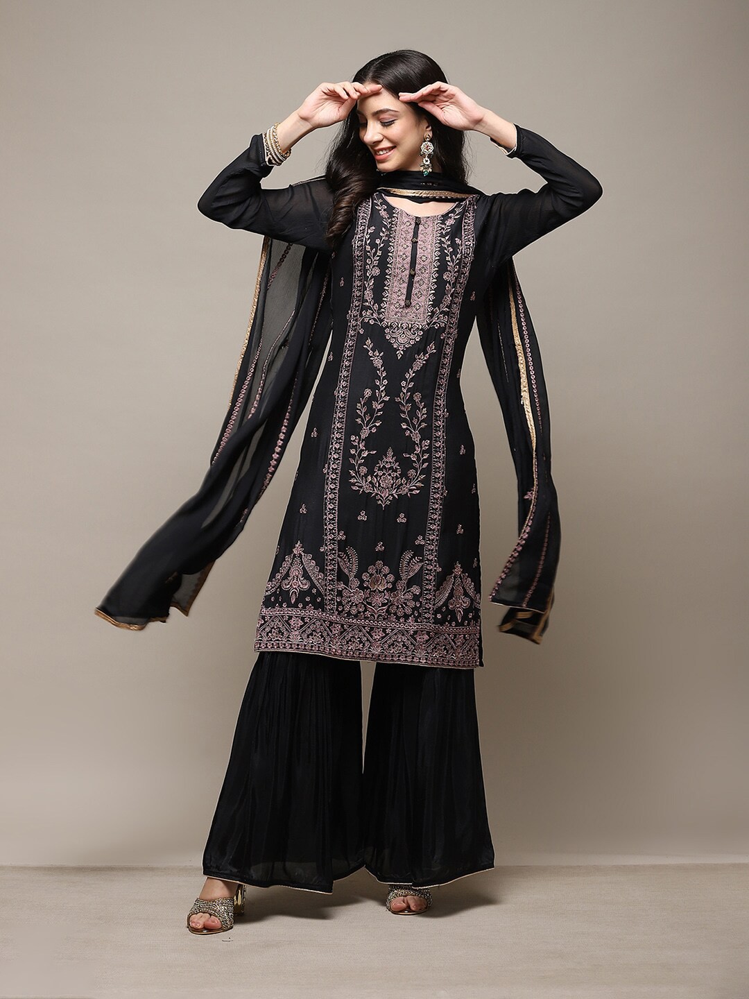 

Biba Floral Embroidered Unstitched Dress Material, Black