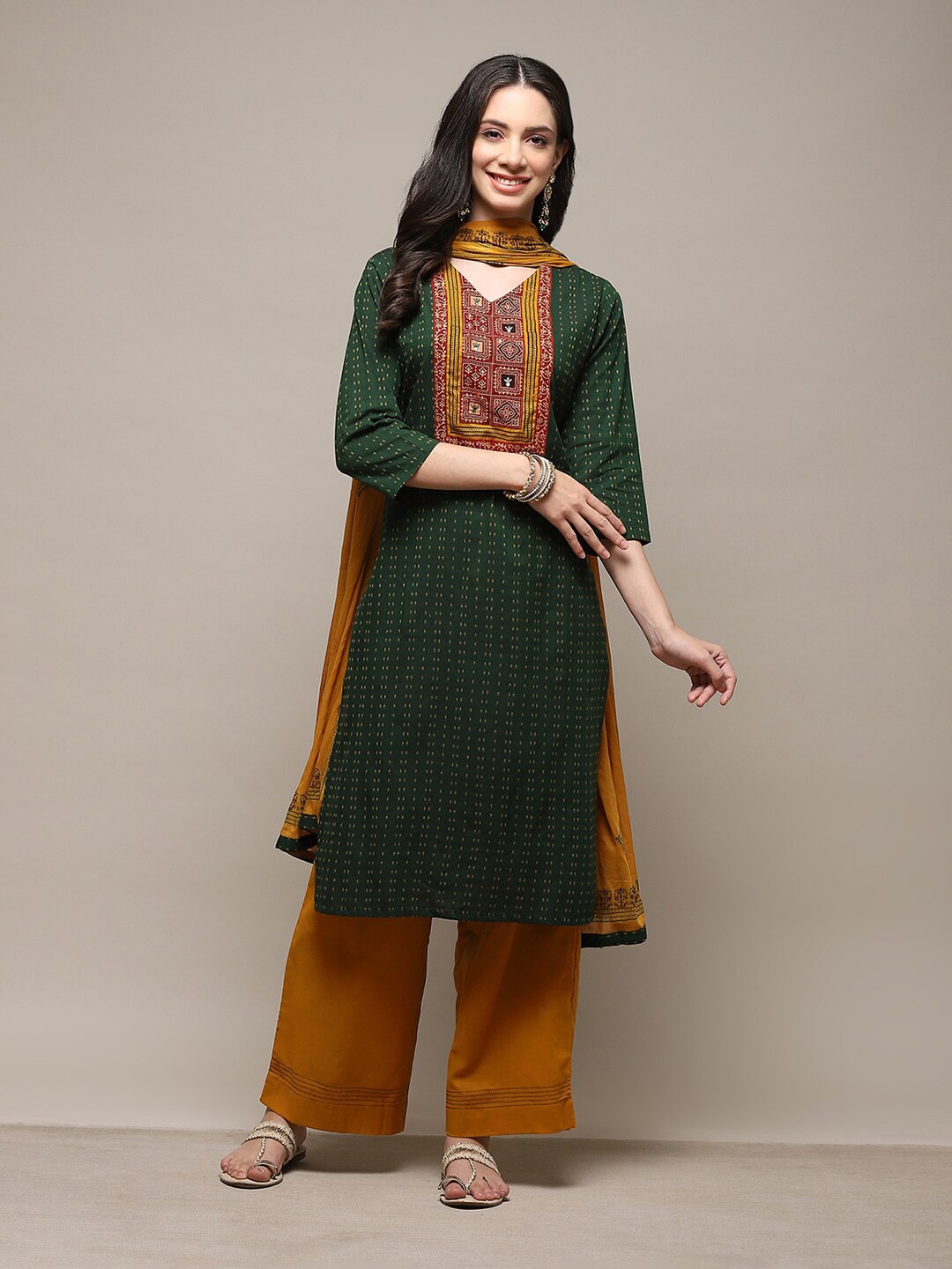 

Biba Ethnic Motifs Printed Unstitched Dress Material, Green