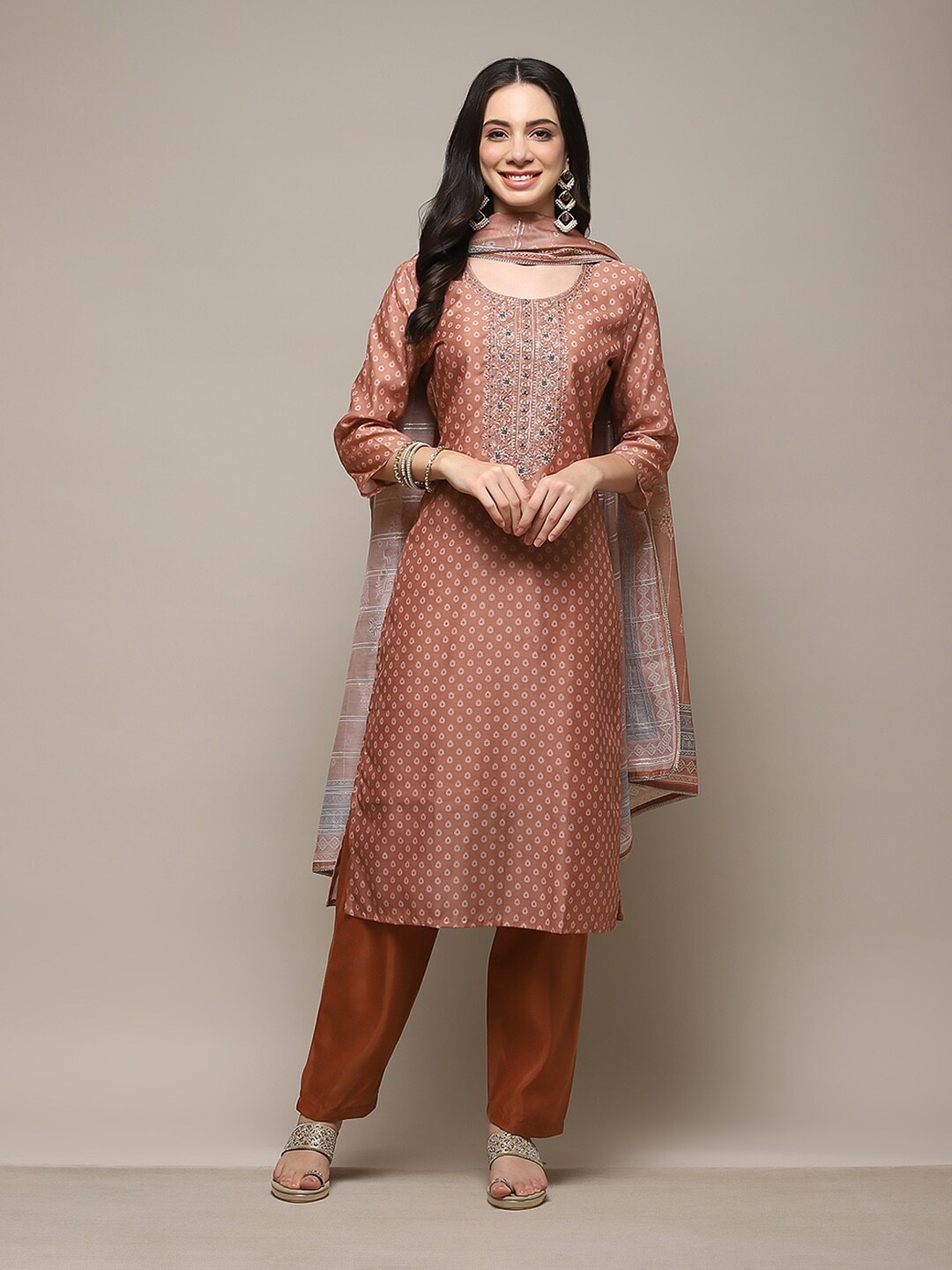 

Biba Ethnic Motifs Printed Sequinned Dress Material, Rust