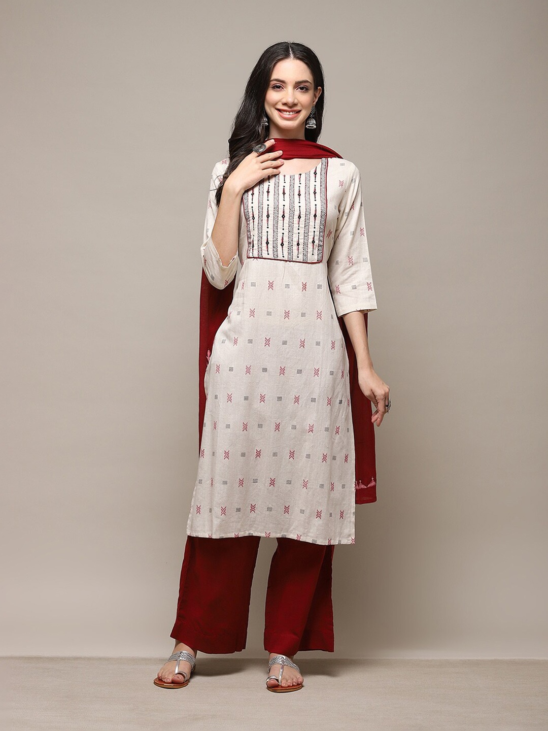 

Biba Ethnic Motifs Woven Design Dress Material, Off white