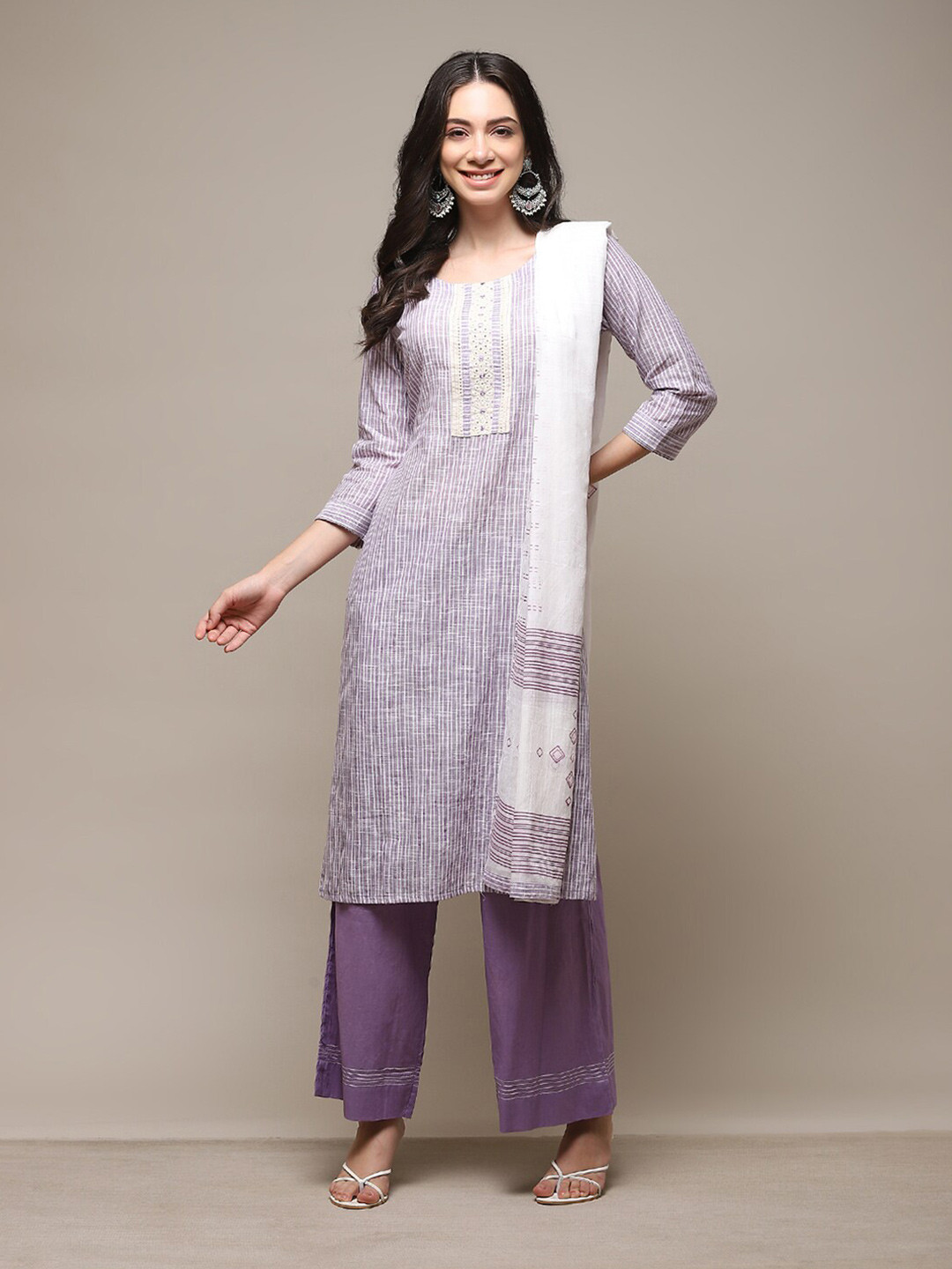 

Biba Striped Unstitched Dress Material, Purple