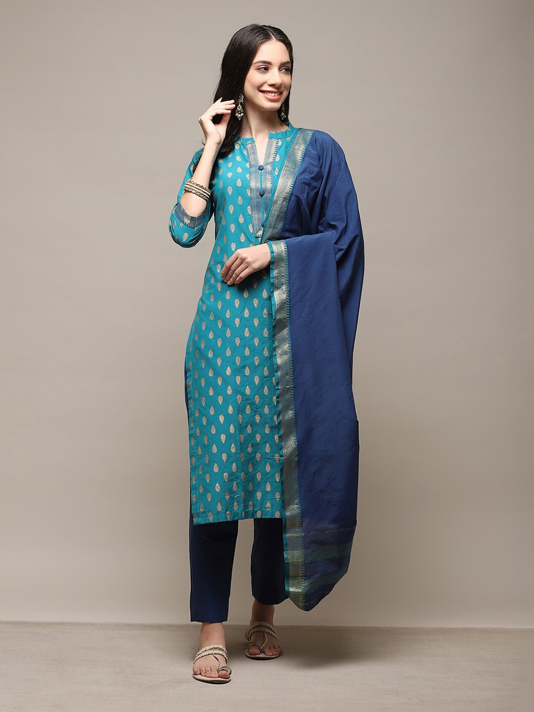 

Biba Ethnic Motif Woven Design Unstitched Dress Material, Blue