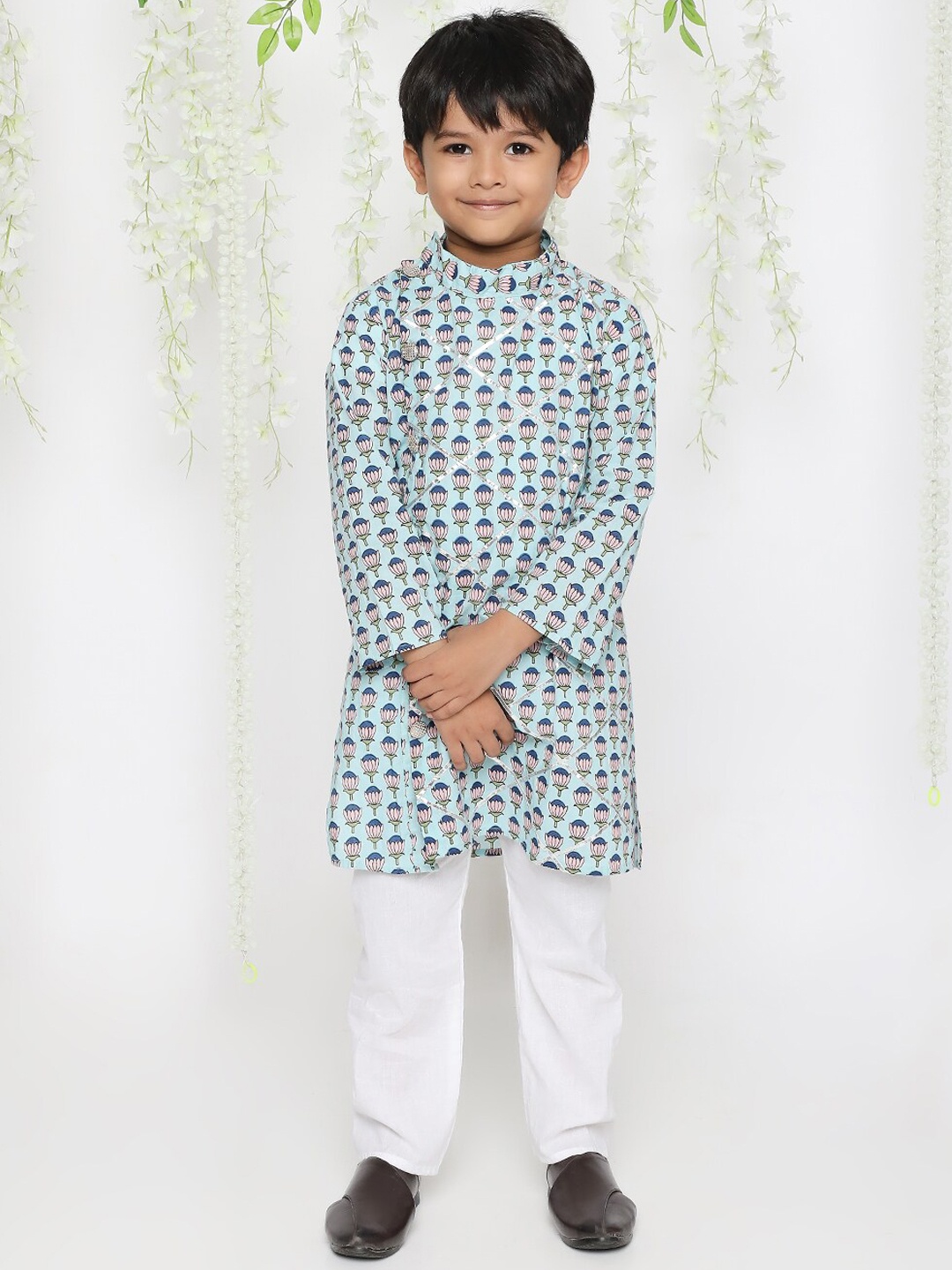

KID1 Boys Ethnic Motifs Printed Regular Pure Cotton Kurta with Pyjamas, Turquoise blue