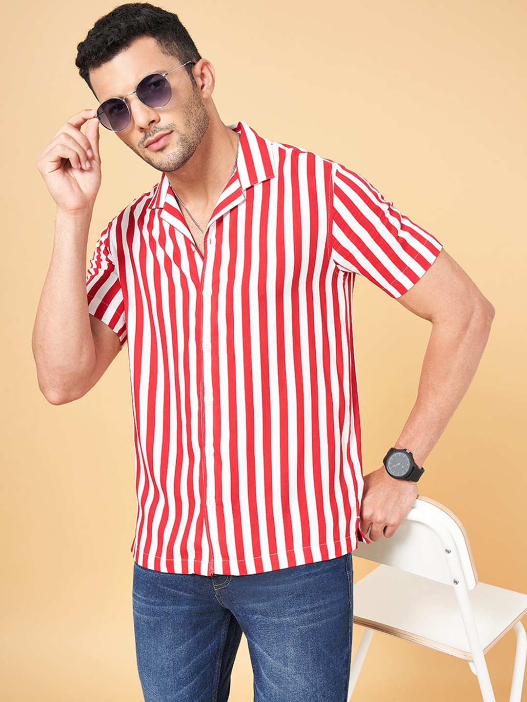 

YU by Pantaloons Striped Printed Spread Collar Regular Fit Casual Shirt, Red
