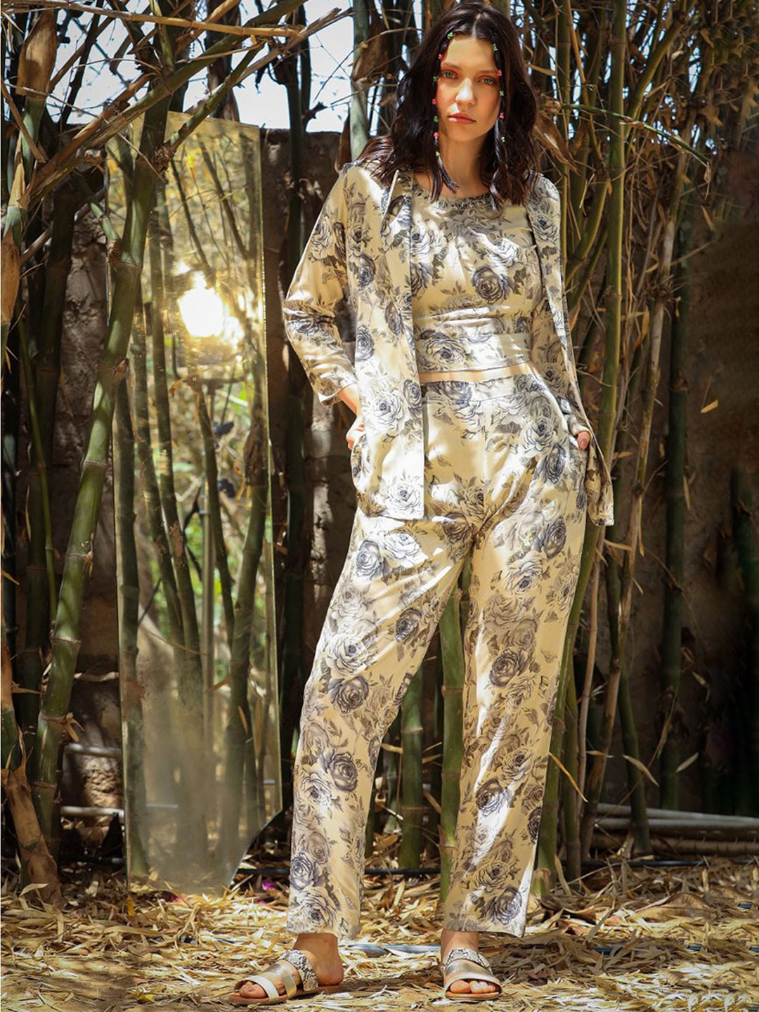 

FASHION DWAR Floral Printed Pure Cotton Top With Jacket & Trousers, White