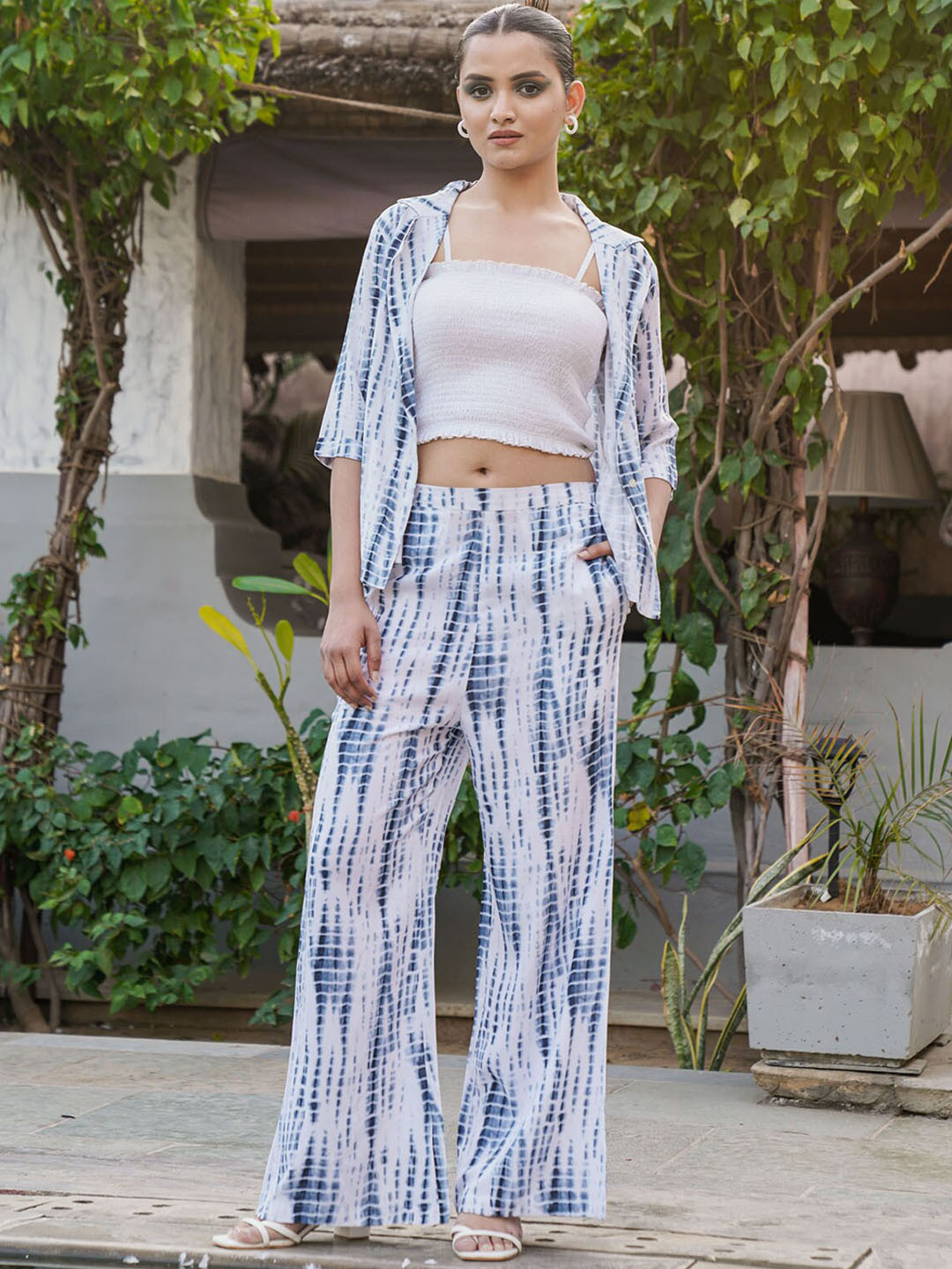 

FASHION DWAR Tie-Dyed Pure Cotton Top & Palazzos With Jacket, White
