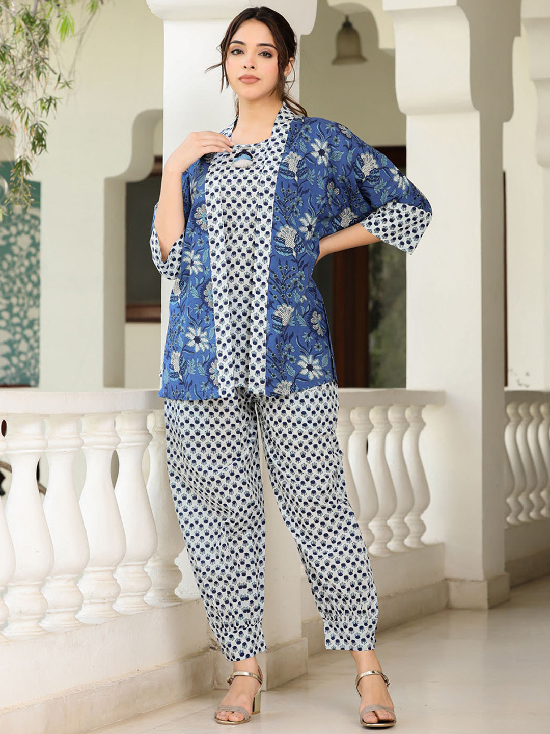 

FASHION DWAR Printed Cotton Top With Jacket & Trousers, Blue