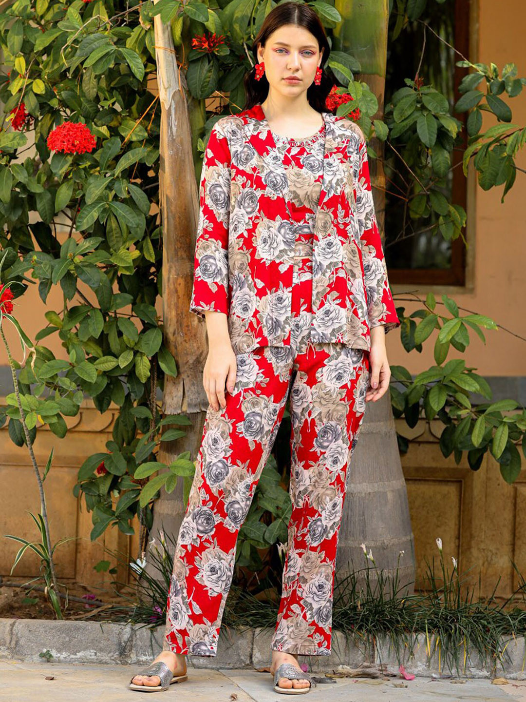 

FASHION DWAR Floral Printed Pure Cotton Top & Trouser With Jacket, Red