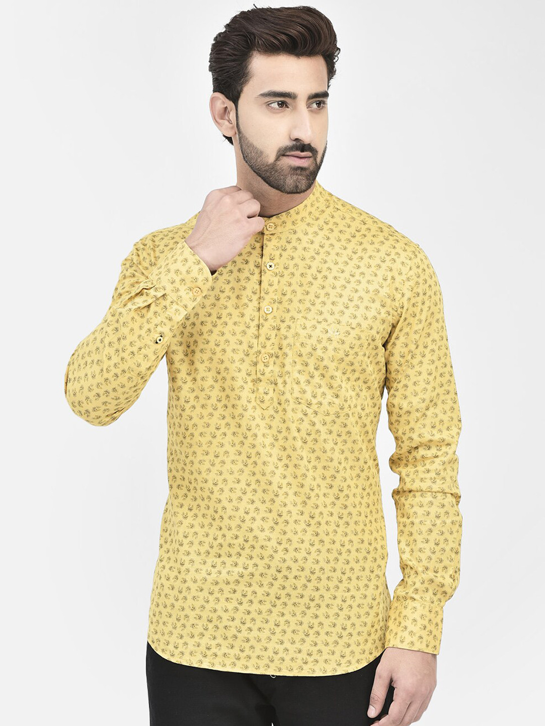 

Crimsoune Club Floral Printed Band Collar Pure Cotton Straight Kurta, Yellow