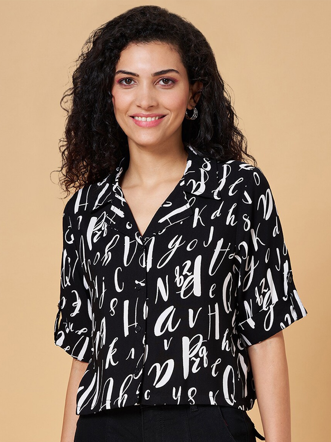 

People Black Typography Printed Cuban Collar Casual Shirt