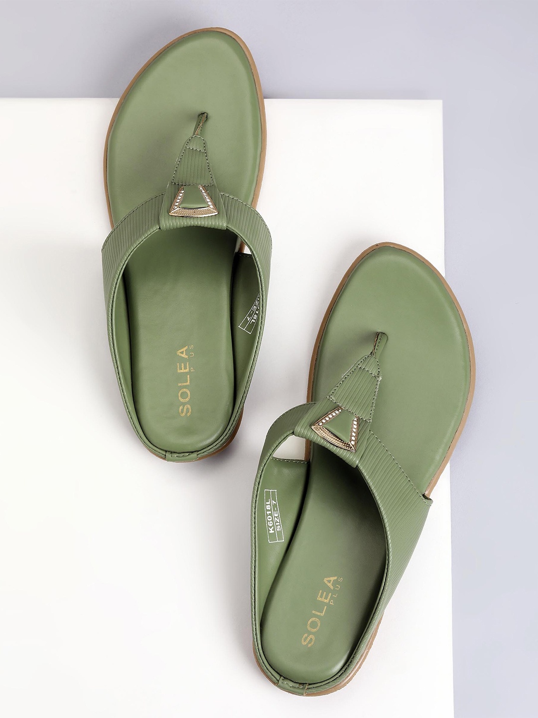 

Paragon Striped Buckled Lightweight T-Strap Flats, Olive