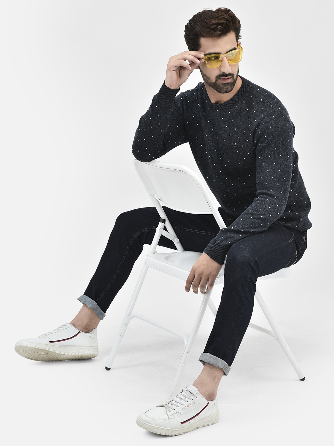 

Crimsoune Club Polka Dot Printed Long Sleeves Pure Cotton Pullover, Navy blue