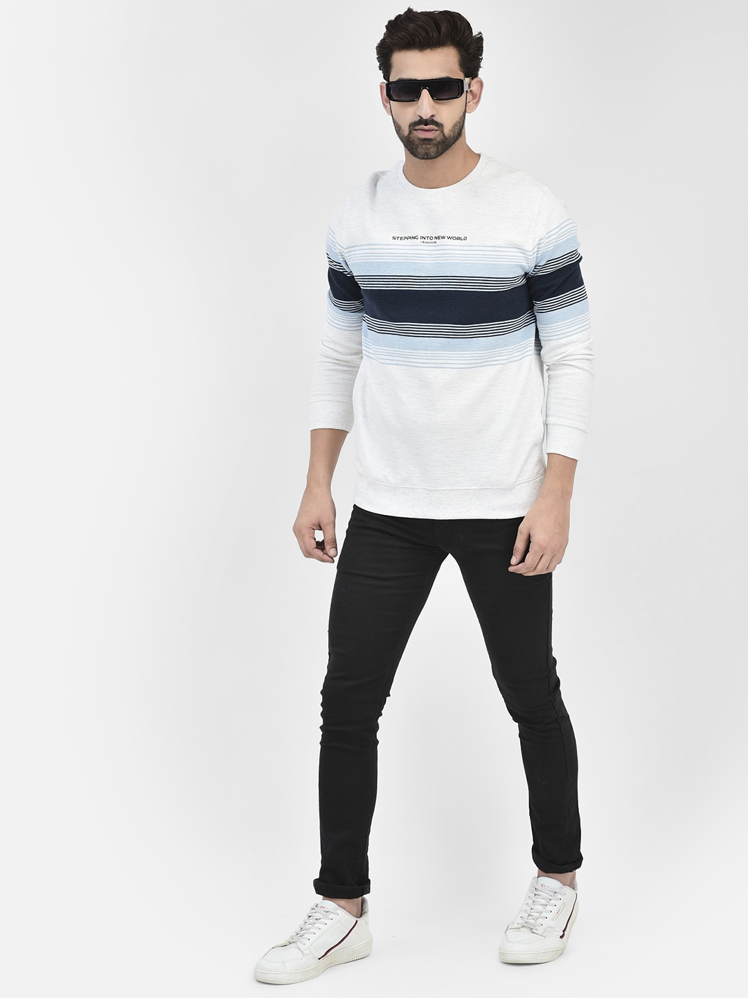 

Crimsoune Club Striped Round Neck Pullover, Off white