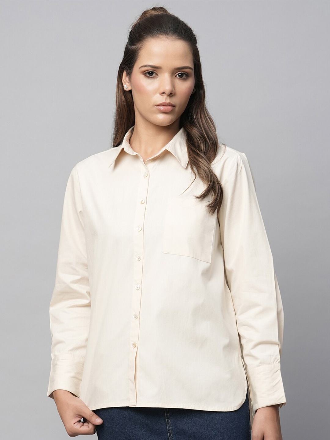 

Chemistry Spread Collar Cotton Casual Shirt, Cream