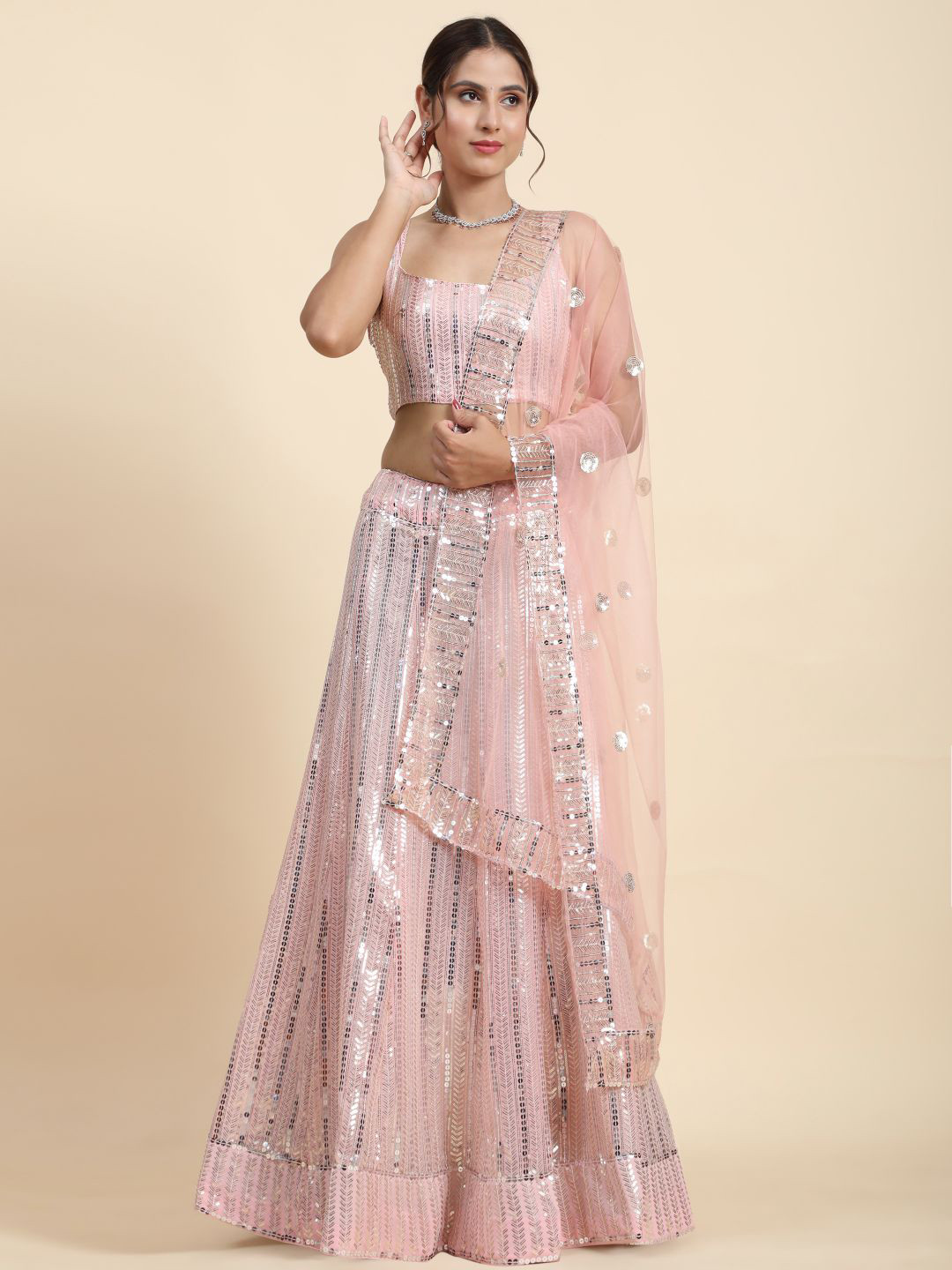 

Phenav Embellished Sequinned Semi-Stitched Lehenga & Blouse With Dupatta, Peach