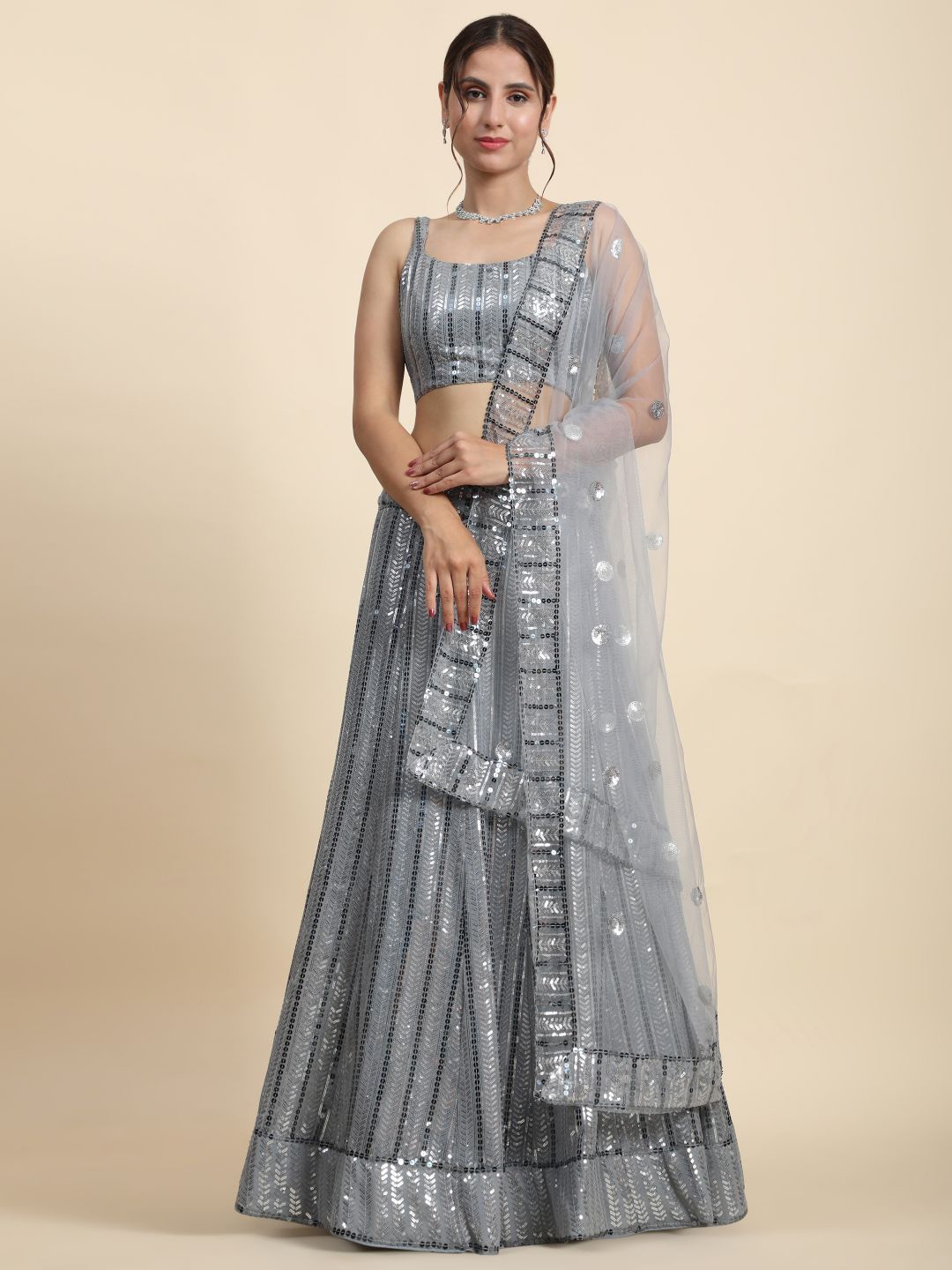 

Phenav Embellished Sequinned Semi-Stitched Lehenga & Blouse With Dupatta, Silver