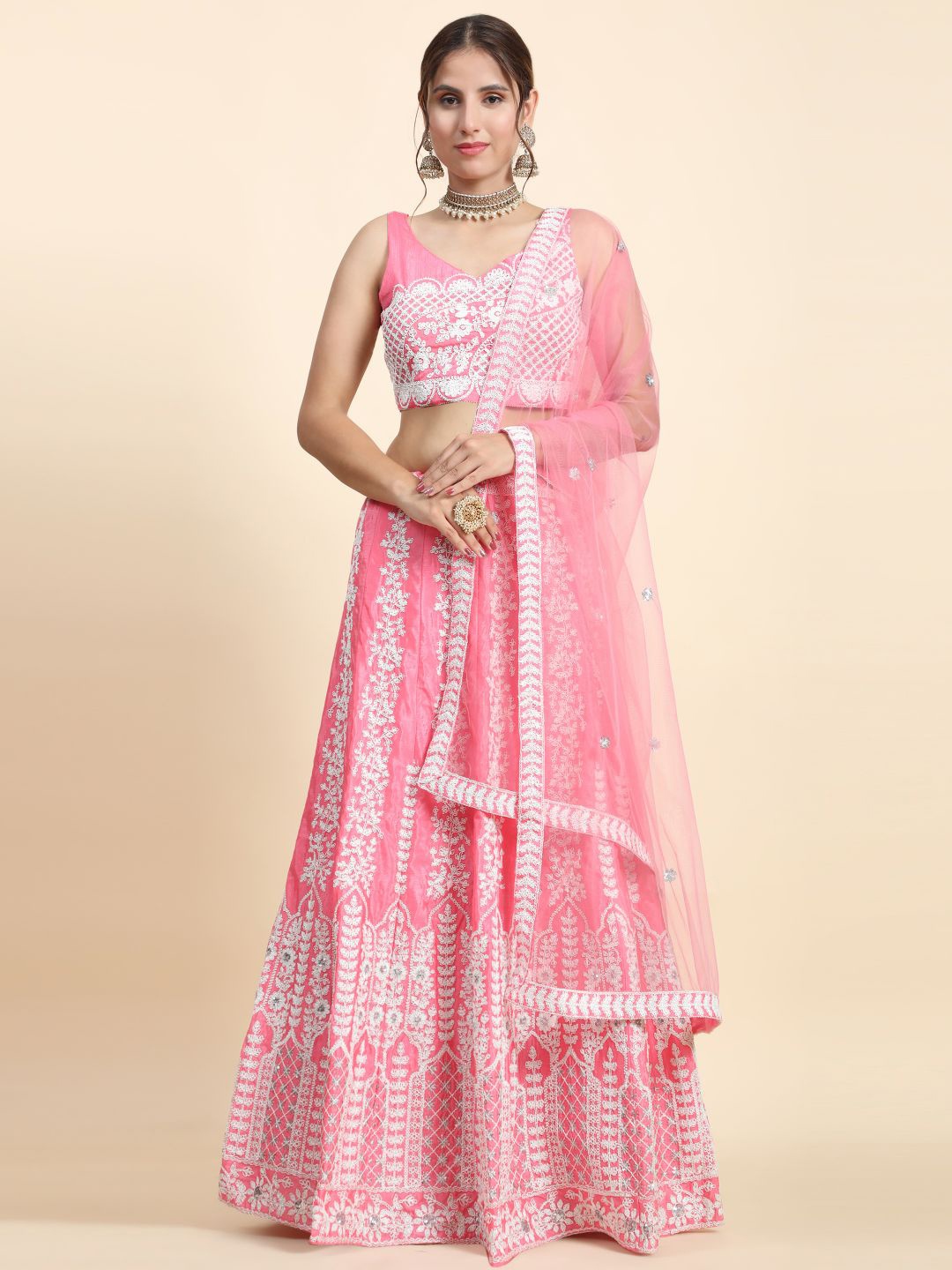 

Phenav Embroidered Thread Work Semi-Stitched Silk Lehenga & Blouse With Dupatta, Pink