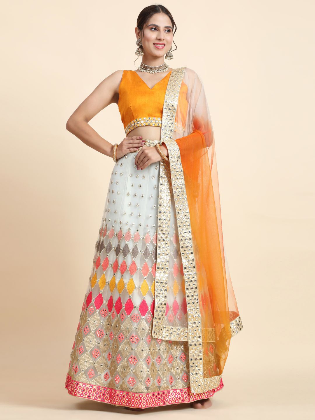 

Phenav V-Neck Sequinned Semi-Stitched Lehenga & Blouse With Dupatta, White