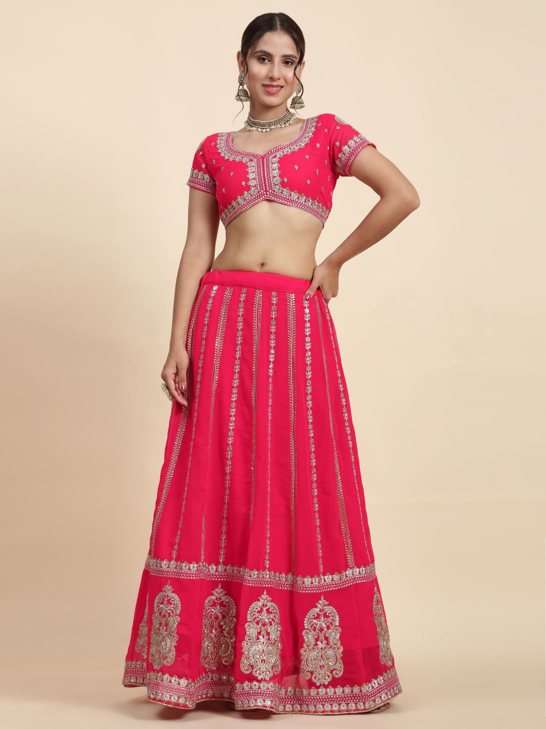 

Phenav Embroidered Thread Work Semi-Stitched Lehenga & Blouse With Dupatta, Pink