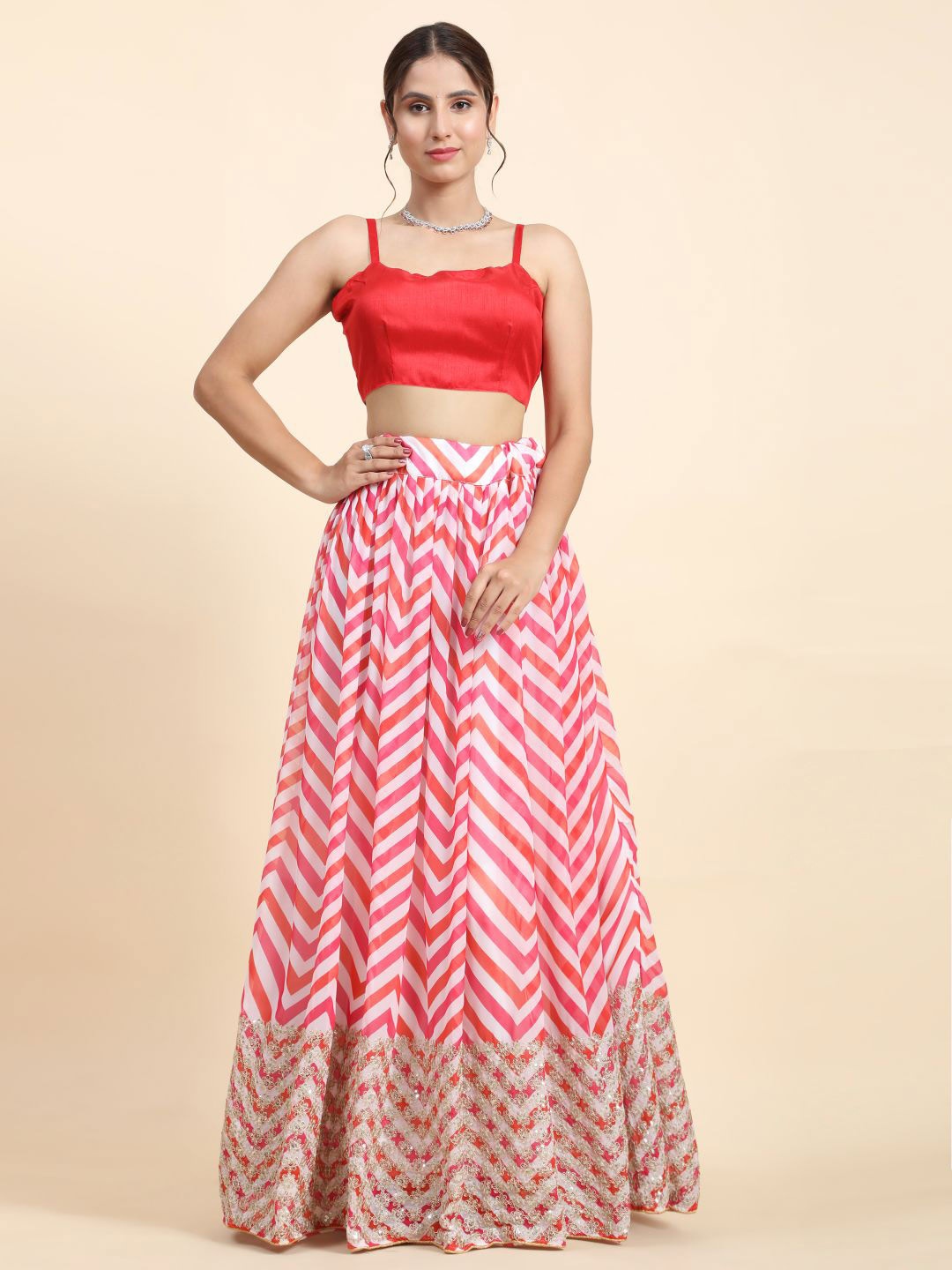 

Phenav Shoulder Straps Semi-Stitched Lehenga & Blouse With Dupatta, Pink