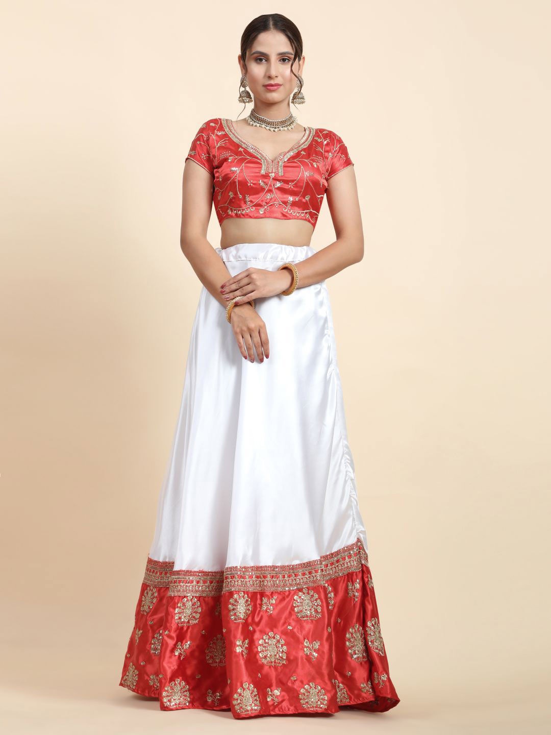 

Phenav Embroidered Thread Work Semi-Stitched Silk Lehenga & Blouse With Dupatta, White