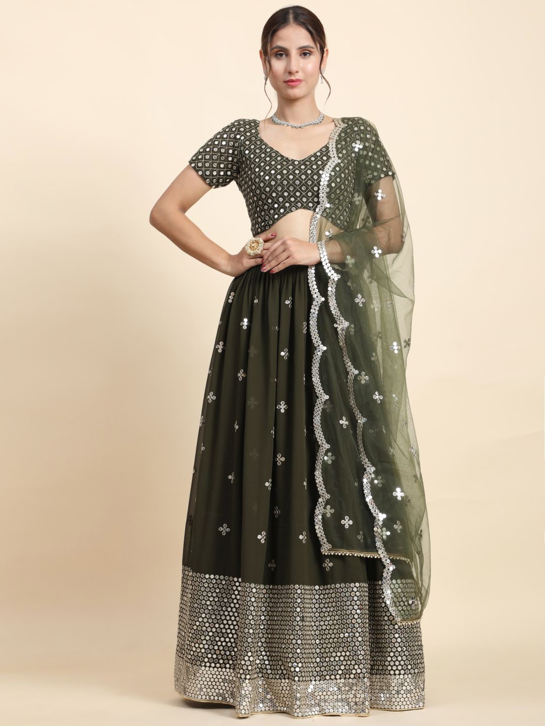 

Phenav V-Neck Embellished Sequinned Semi-Stitched Lehenga & Blouse With Dupatta, Green