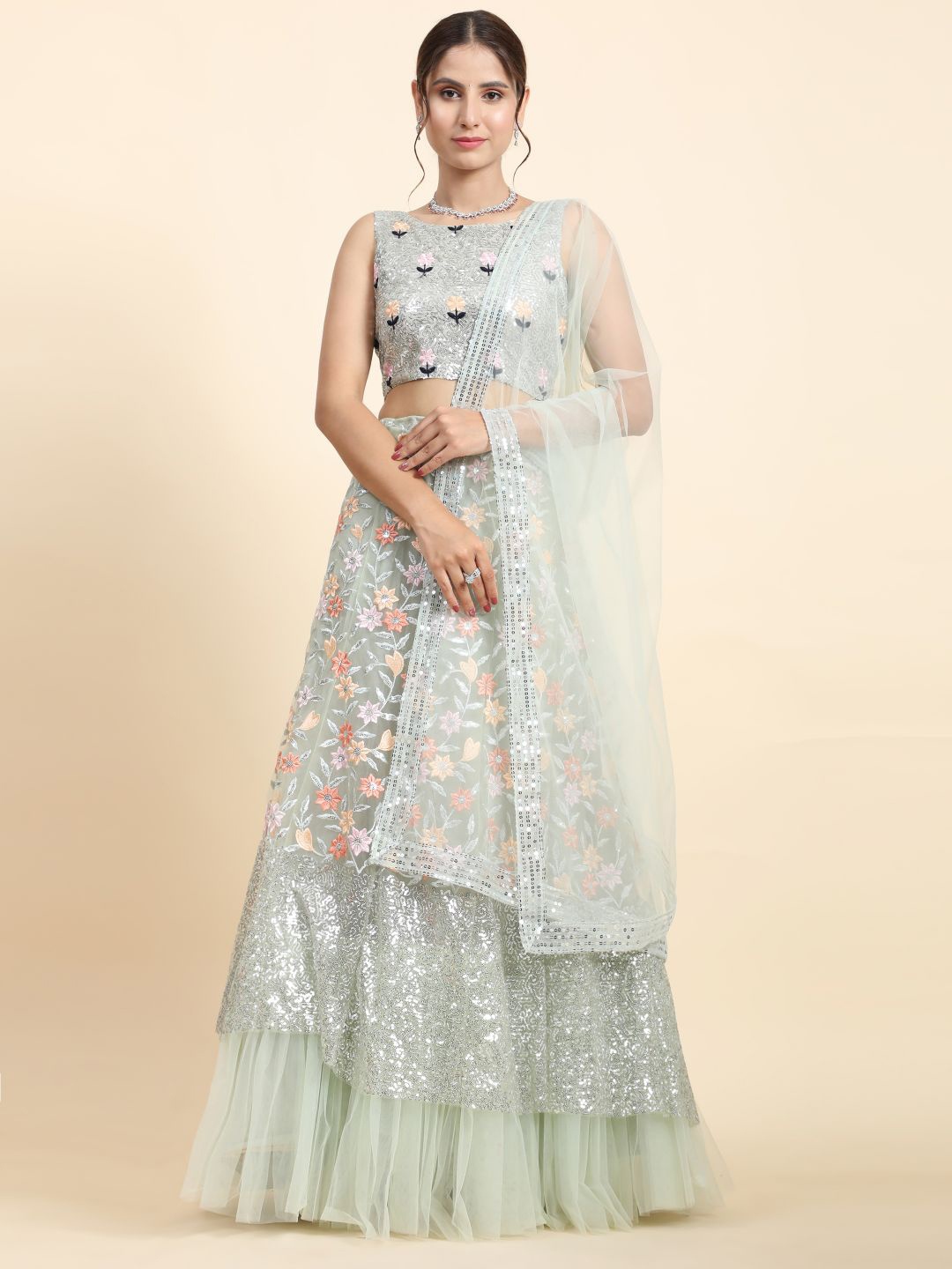 

Phenav Embellished Sequinned Semi-Stitched Net Lehenga & Blouse With Dupatta, Grey