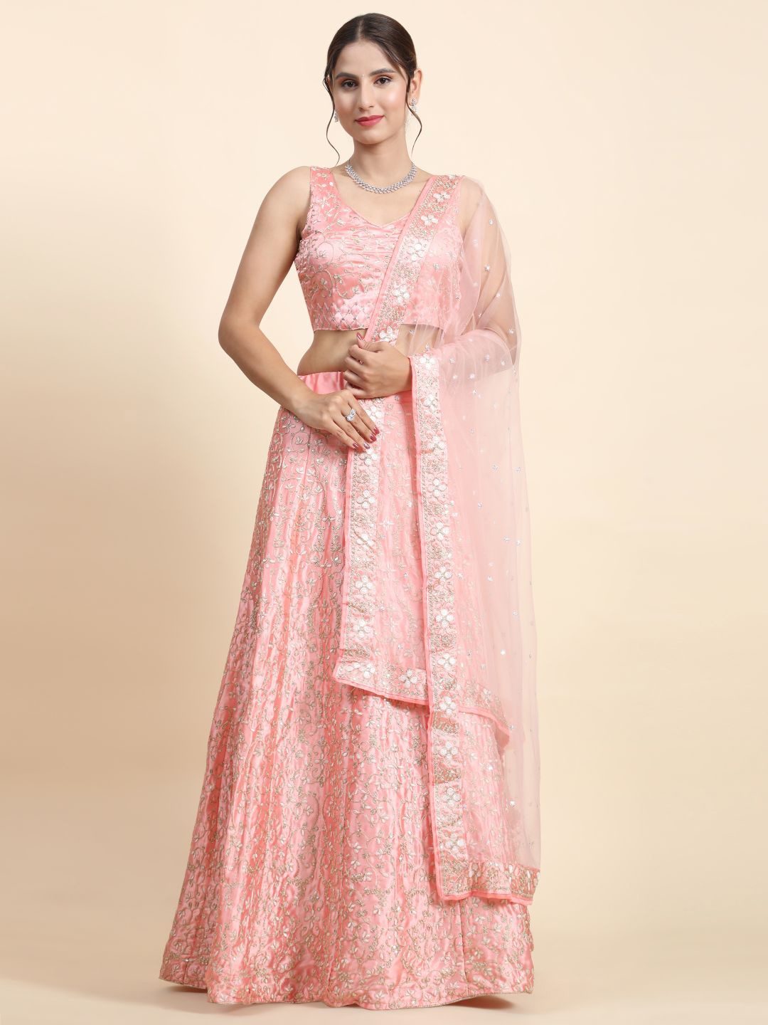 

Phenav V-Neck Embroidered Semi-Stitched Lehenga & Blouse With Dupatta, Peach