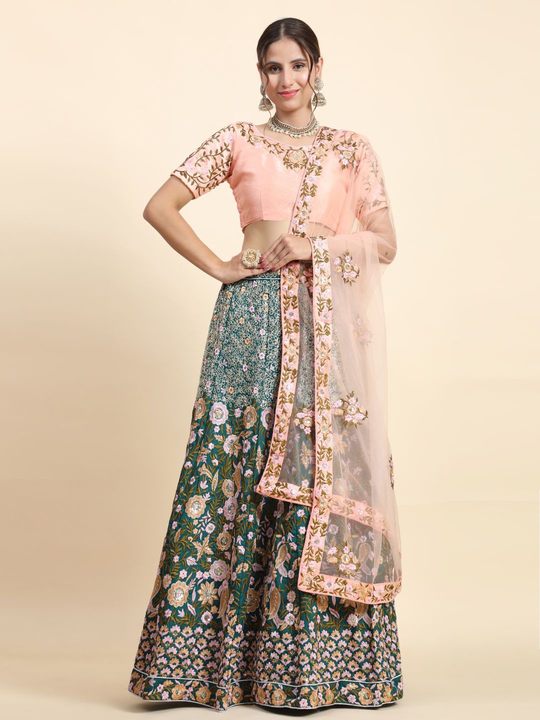 

Phenav Embroidered Thread Work Semi-Stitched Lehenga & Blouse With Dupatta, Grey