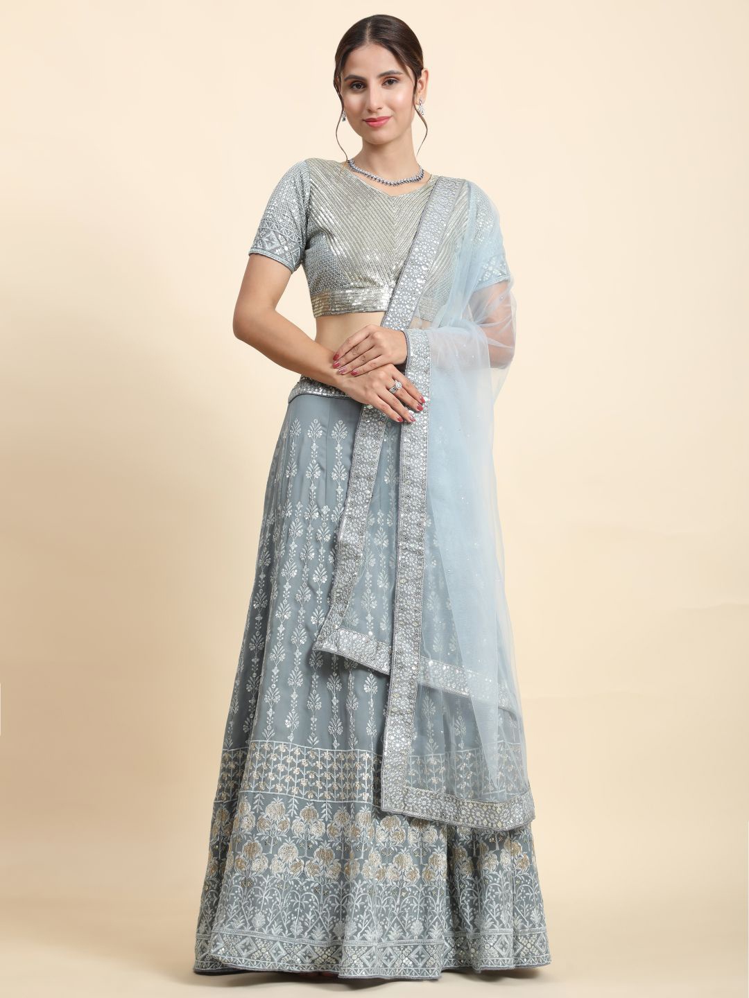 

Phenav Embroidered Semi-Stitched Lehenga & Blouse With Dupatta, Grey