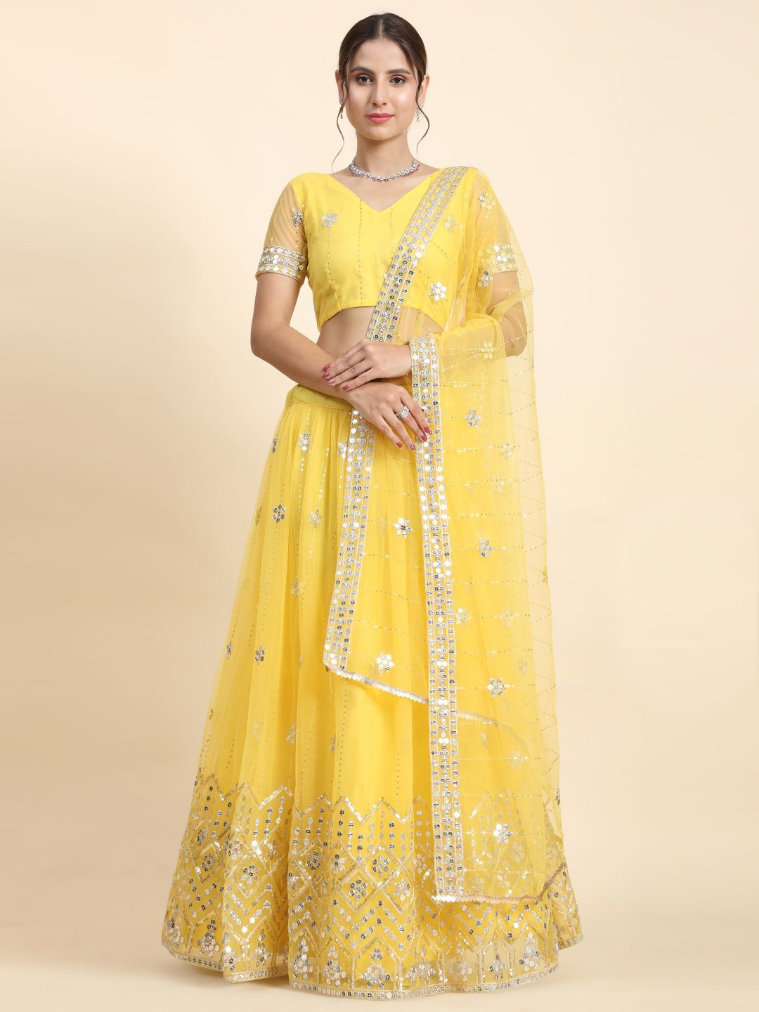 

Phenav Embellished Sequinned Semi-Stitched Lehenga & Blouse With Dupatta, Yellow