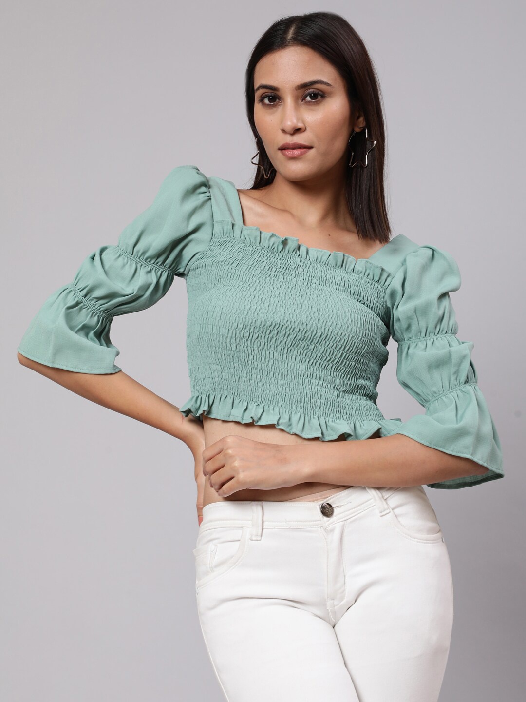 

AKS Square Neck Puff Sleeve Smocked Bardot Crop Top, Green