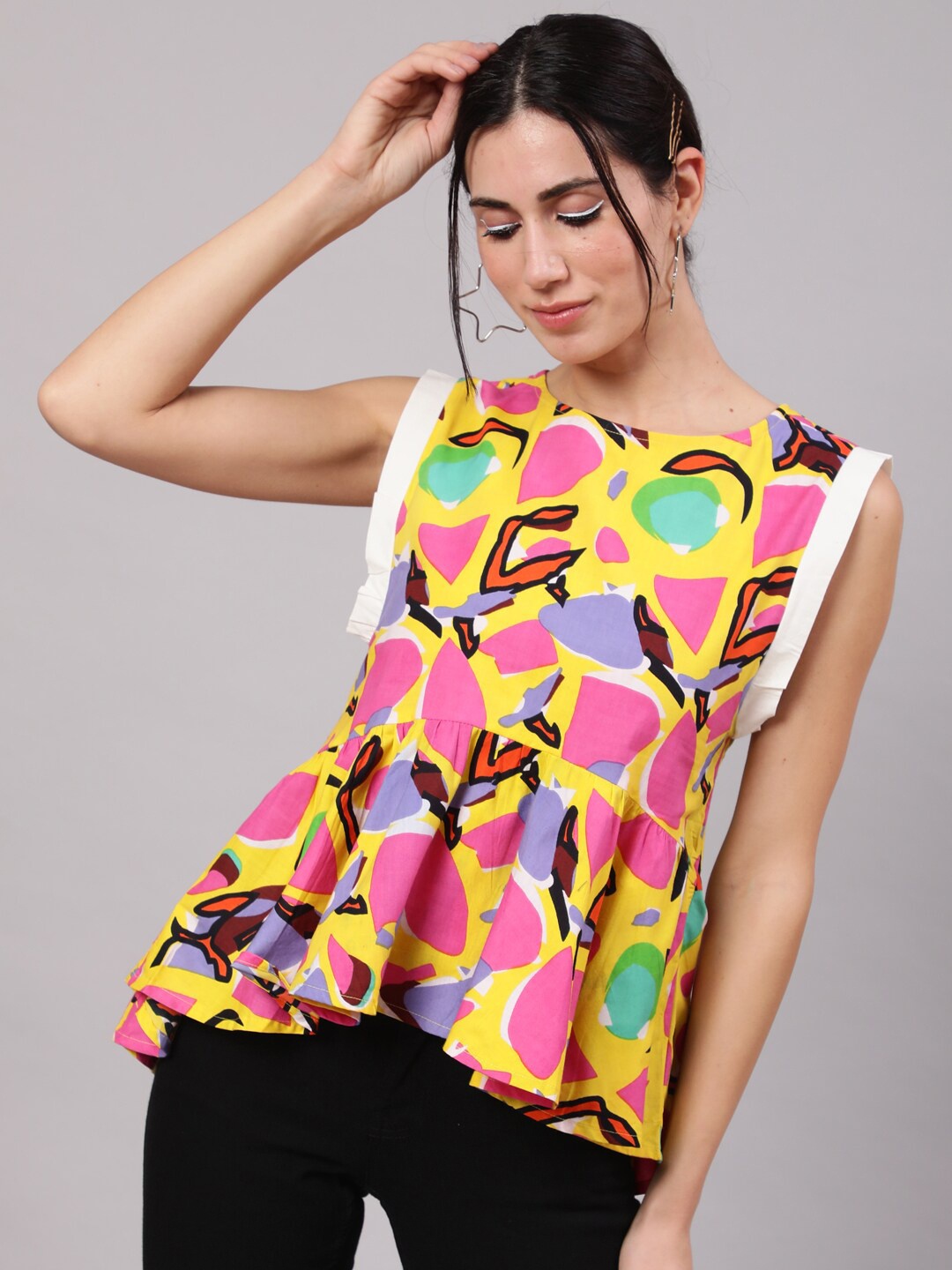 

AKS Abstract Printed Gathered Cotton Regular Top, Yellow