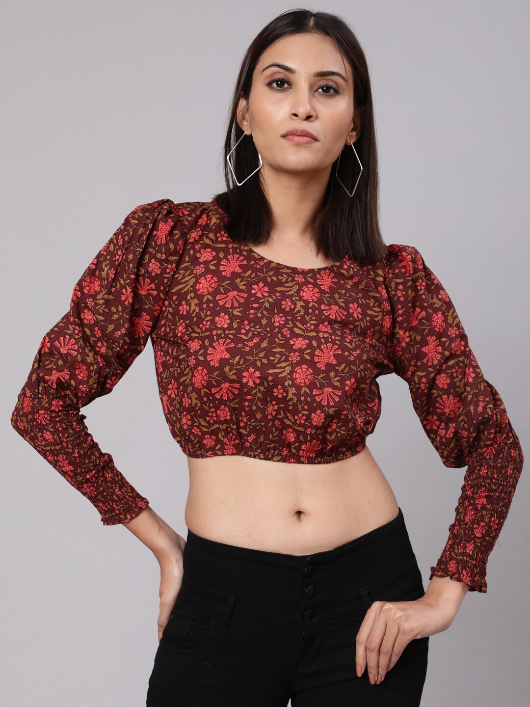

AKS Floral Printed Long Puff Sleeves Cotton Crop Top, Burgundy