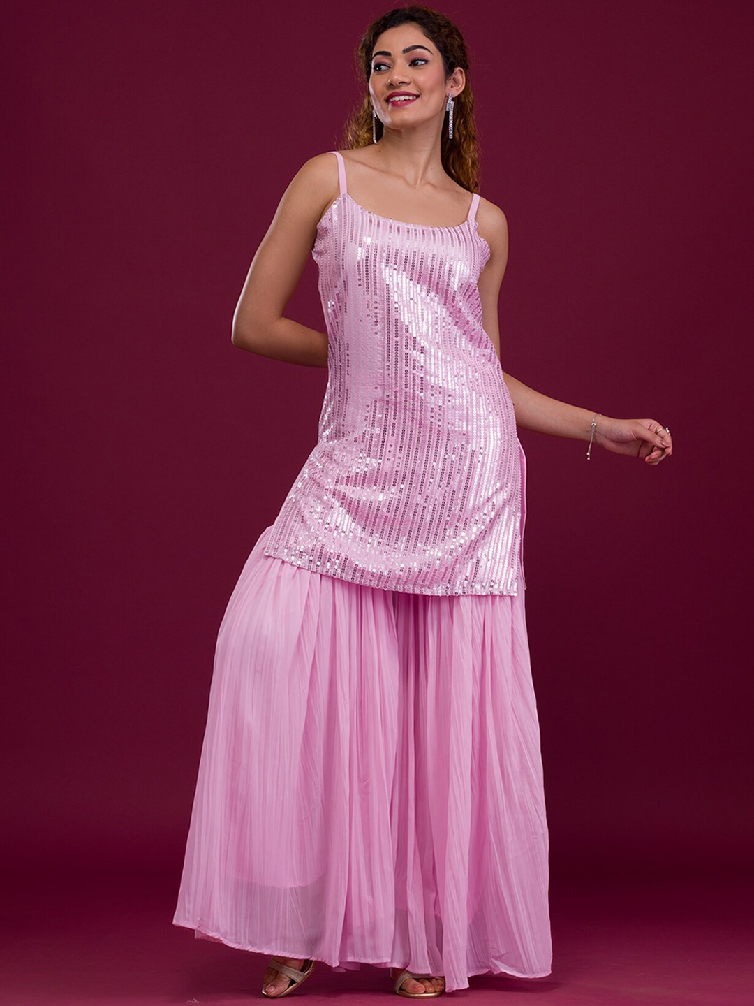 

Koskii Embroidered Regular Sequinned Kurti with Sharara & Dupatta, Pink