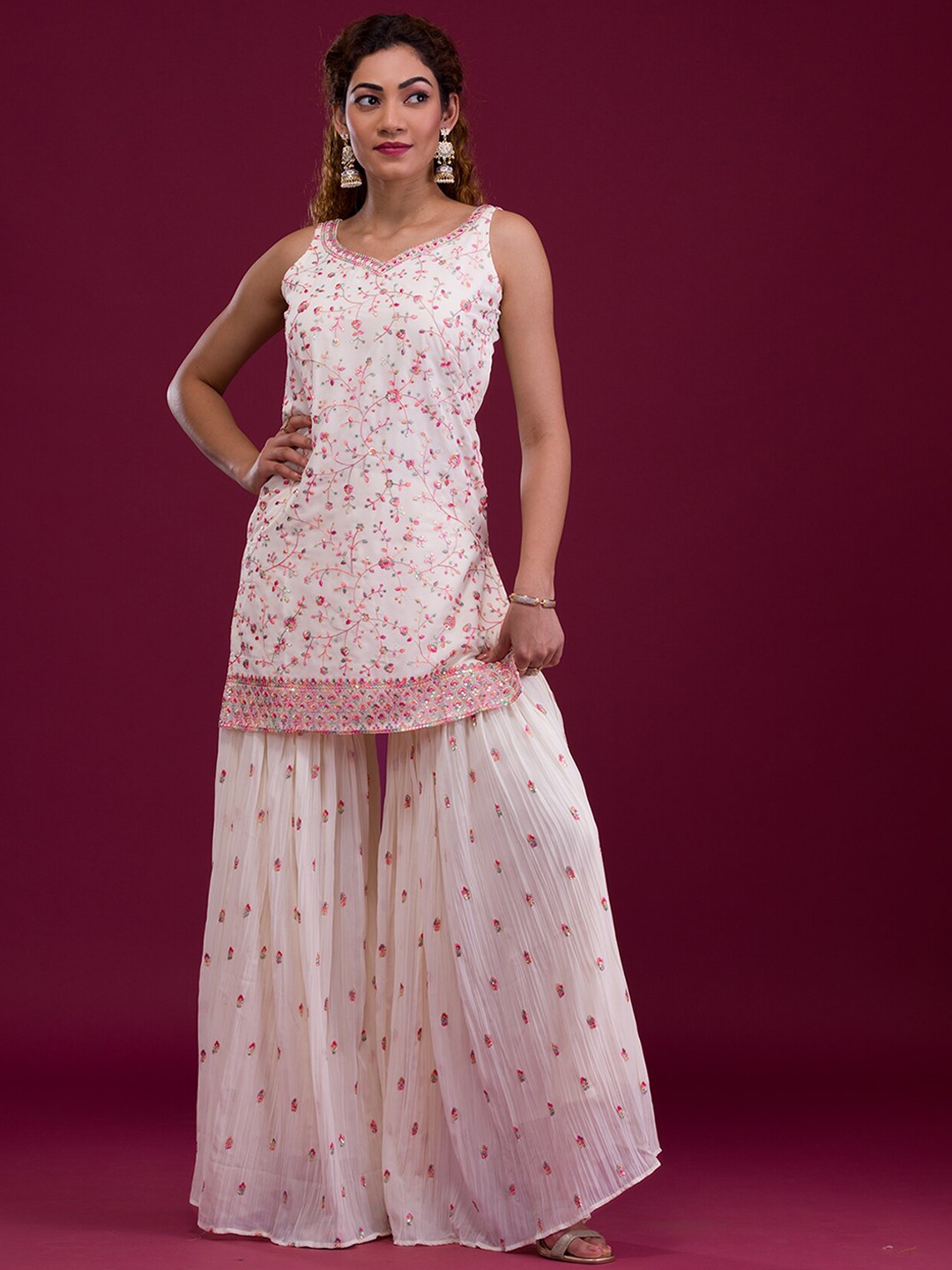 

Koskii Floral Embroidered Regular Thread Work Kurti with Sharara & Dupatta, White