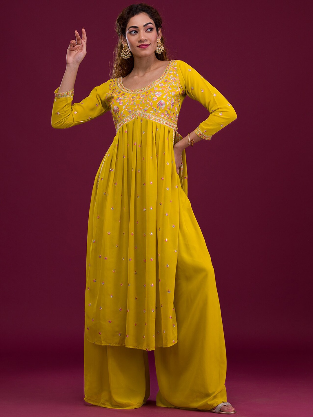 

Koskii Floral Embroidered High Slit Thread Work Kurta with Palazzos & Dupatta, Mustard