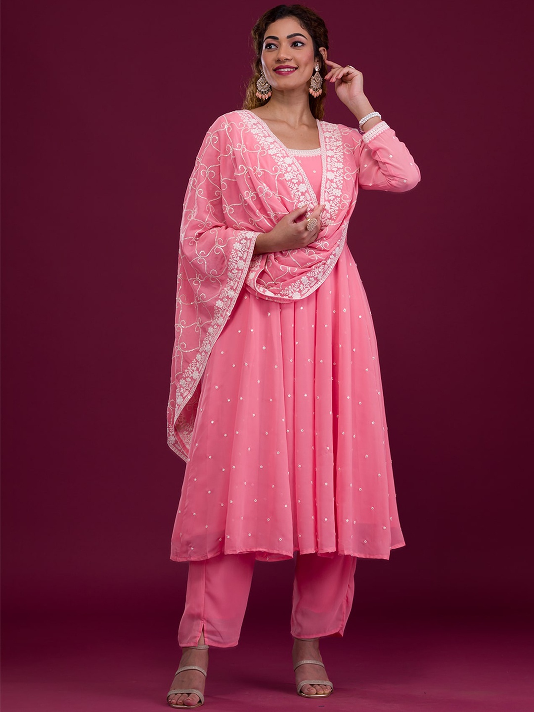 Koskii Ethnic Motifs Embroidered Empire Thread Work Kurta with Pyjamas & Dupatta, Pink