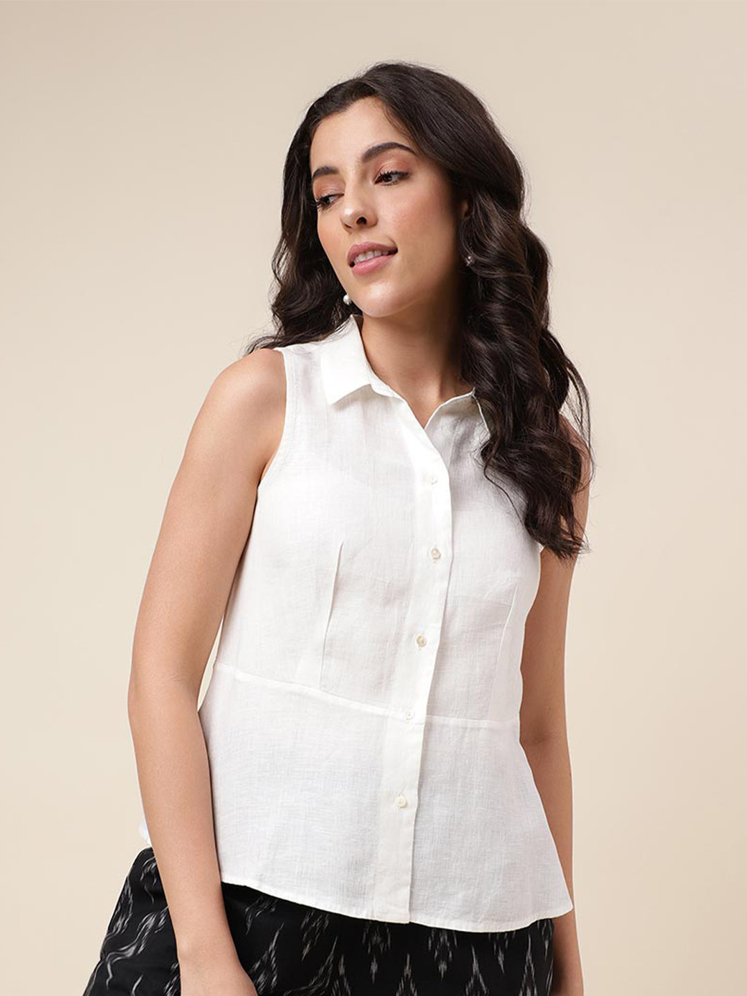 

Fabindia Shirt Collar Shirt Style Linen Top, White