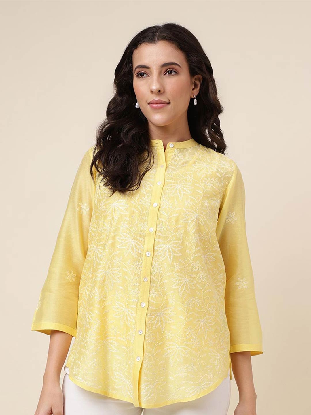 

Fabindia Floral Embroidered Chikankari Mandarin Collar Shirt Style Top, Yellow
