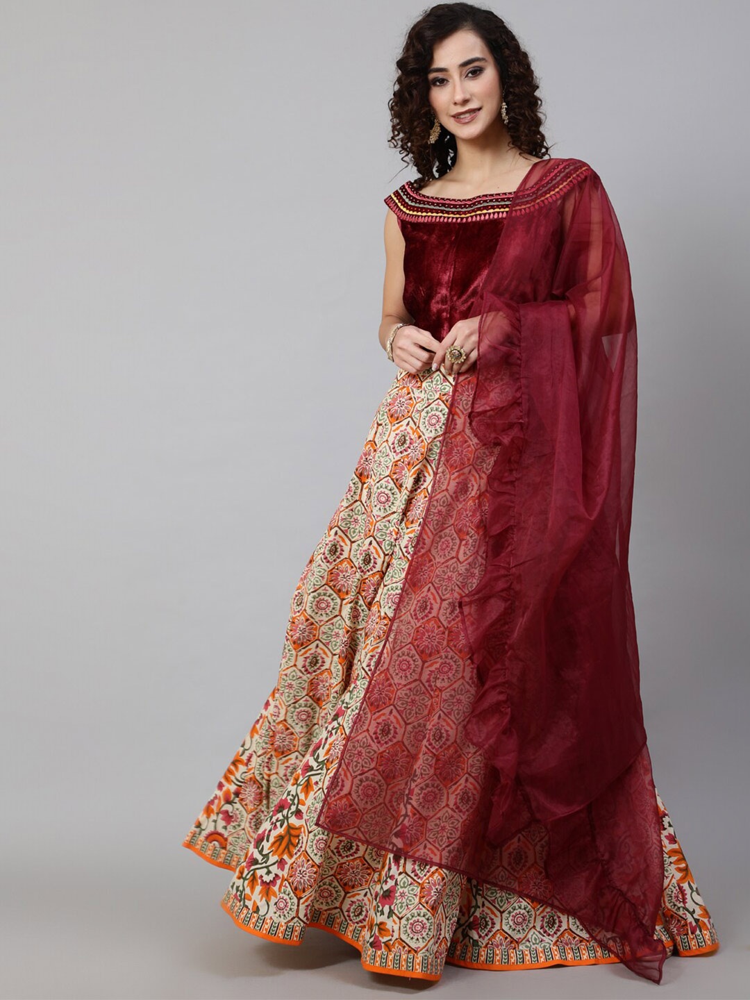 

AKS Embroidered Ready To Wear Lehenga & Blouse With Dupatta, Maroon