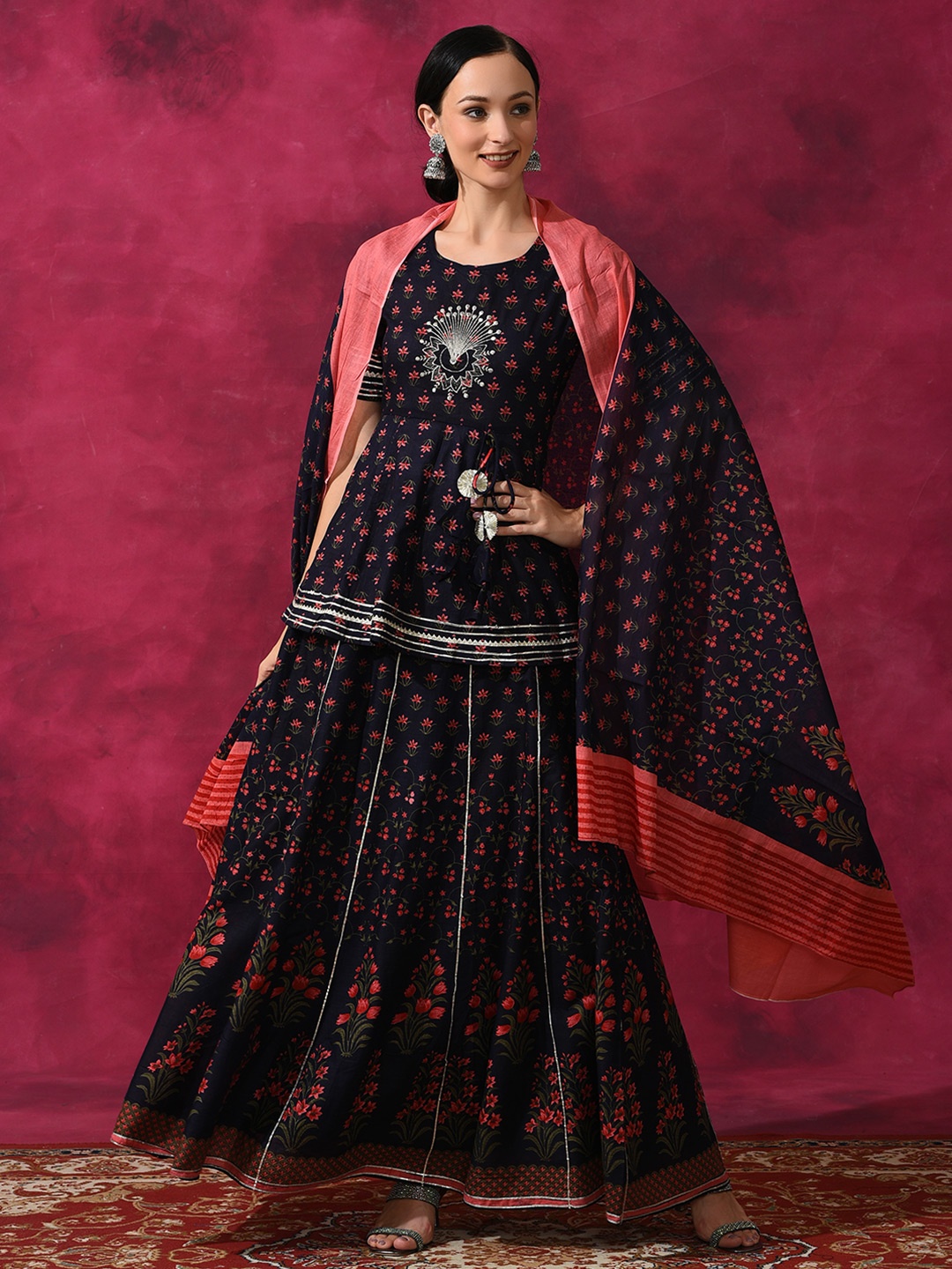 

AKS Printed Gotta Patti Detail Ready To Wear Lehenga & Blouse With Dupatta, Blue