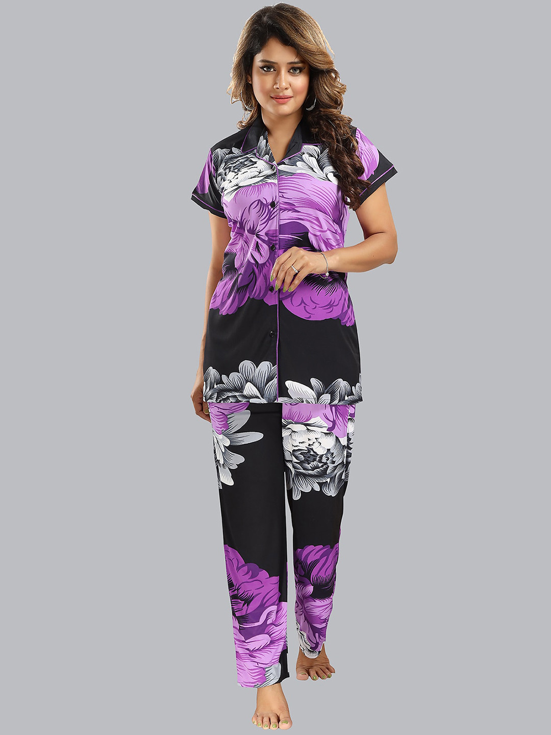 

FOMTI Floral Printed Lapel Collar Night suit, Purple
